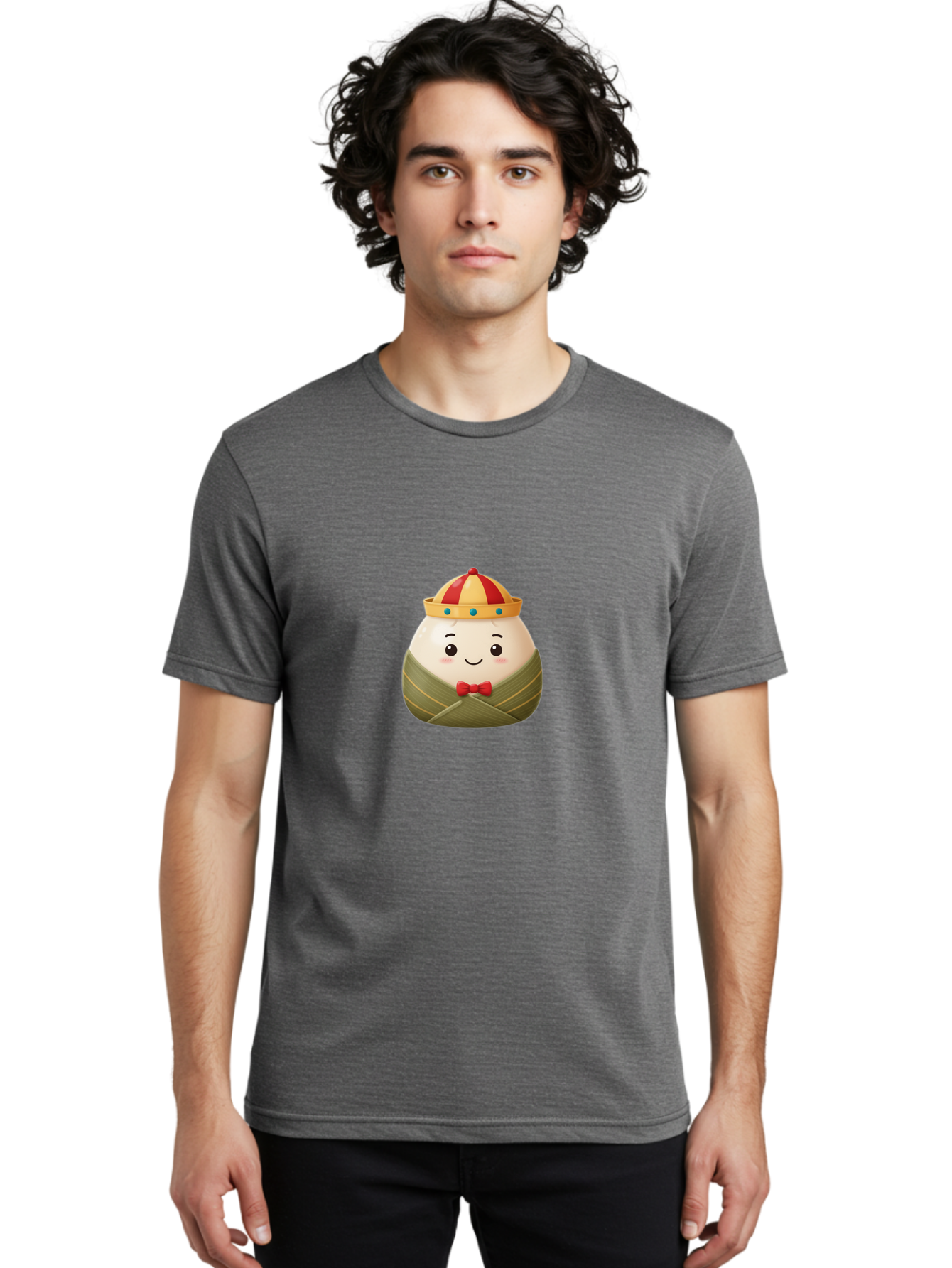Zongzi-2 Men'S Graphic Tee, 100% Cotton, Comfortable Casual Summer Wear, Machine Washable, Bakra Wong, Cartoon Character, Dumpling, Steamed Bun, Red Bow Tie, Yellow Crown, Red And Yellow Hat, Blue Gems, Kawaii, Cute, Smiling Face, Bab603