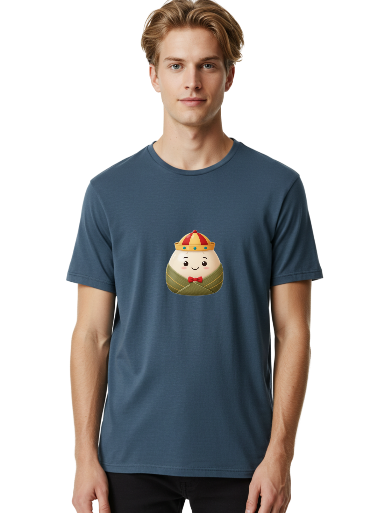 Zongzi-2 Men'S Graphic Tee, 100% Cotton, Comfortable Casual Summer Wear, Machine Washable, Bakra Wong, Cartoon Character, Dumpling, Steamed Bun, Red Bow Tie, Yellow Crown, Red And Yellow Hat, Blue Gems, Kawaii, Cute, Smiling Face, Bab603