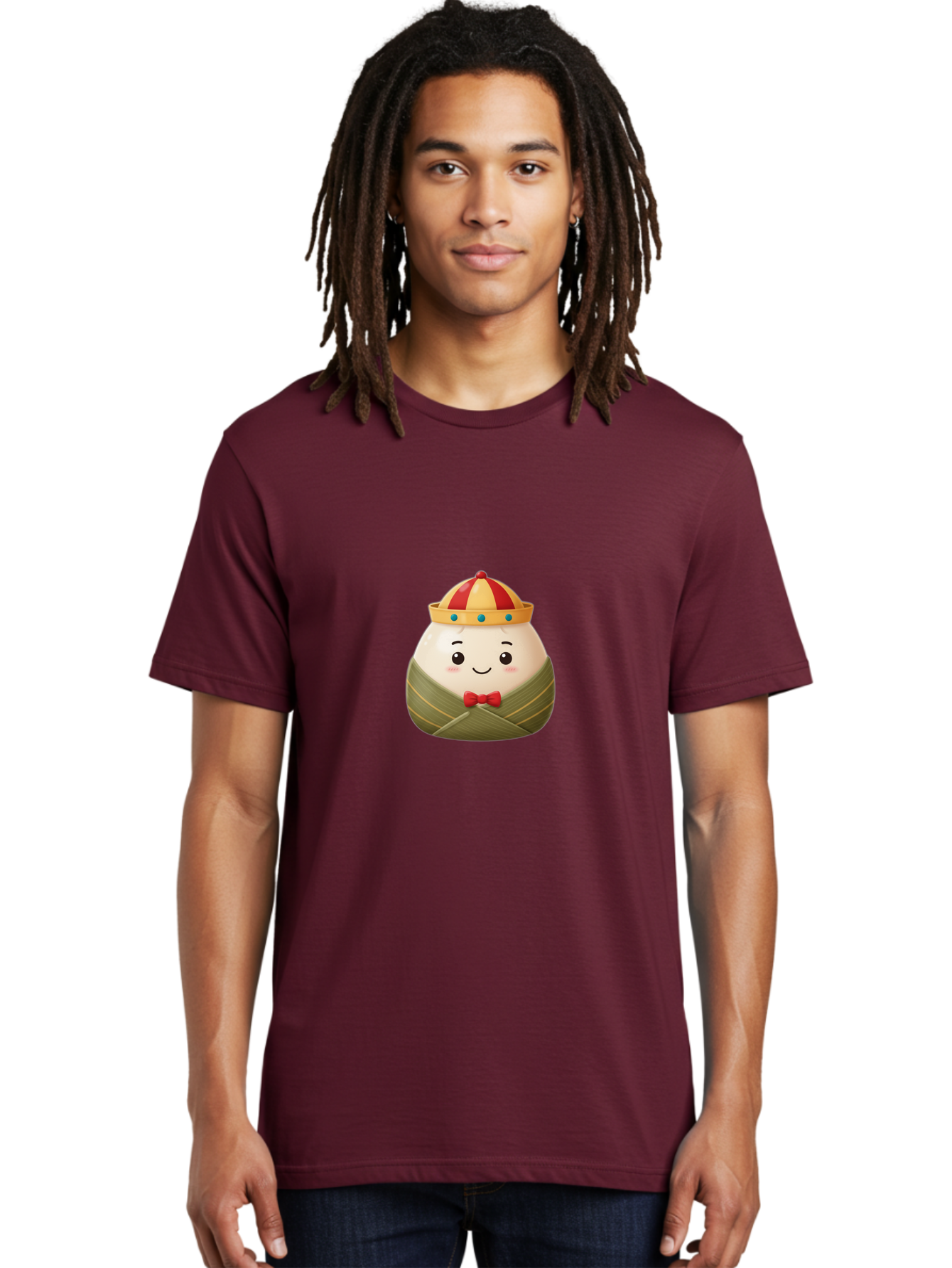 Zongzi-2 Men'S Graphic Tee, 100% Cotton, Comfortable Casual Summer Wear, Machine Washable, Bakra Wong, Cartoon Character, Dumpling, Steamed Bun, Red Bow Tie, Yellow Crown, Red And Yellow Hat, Blue Gems, Kawaii, Cute, Smiling Face, Bab603
