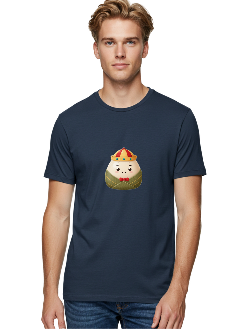 Zongzi-2 Men'S Graphic Tee, 100% Cotton, Comfortable Casual Summer Wear, Machine Washable, Bakra Wong, Cartoon Character, Dumpling, Steamed Bun, Red Bow Tie, Yellow Crown, Red And Yellow Hat, Blue Gems, Kawaii, Cute, Smiling Face, Bab603