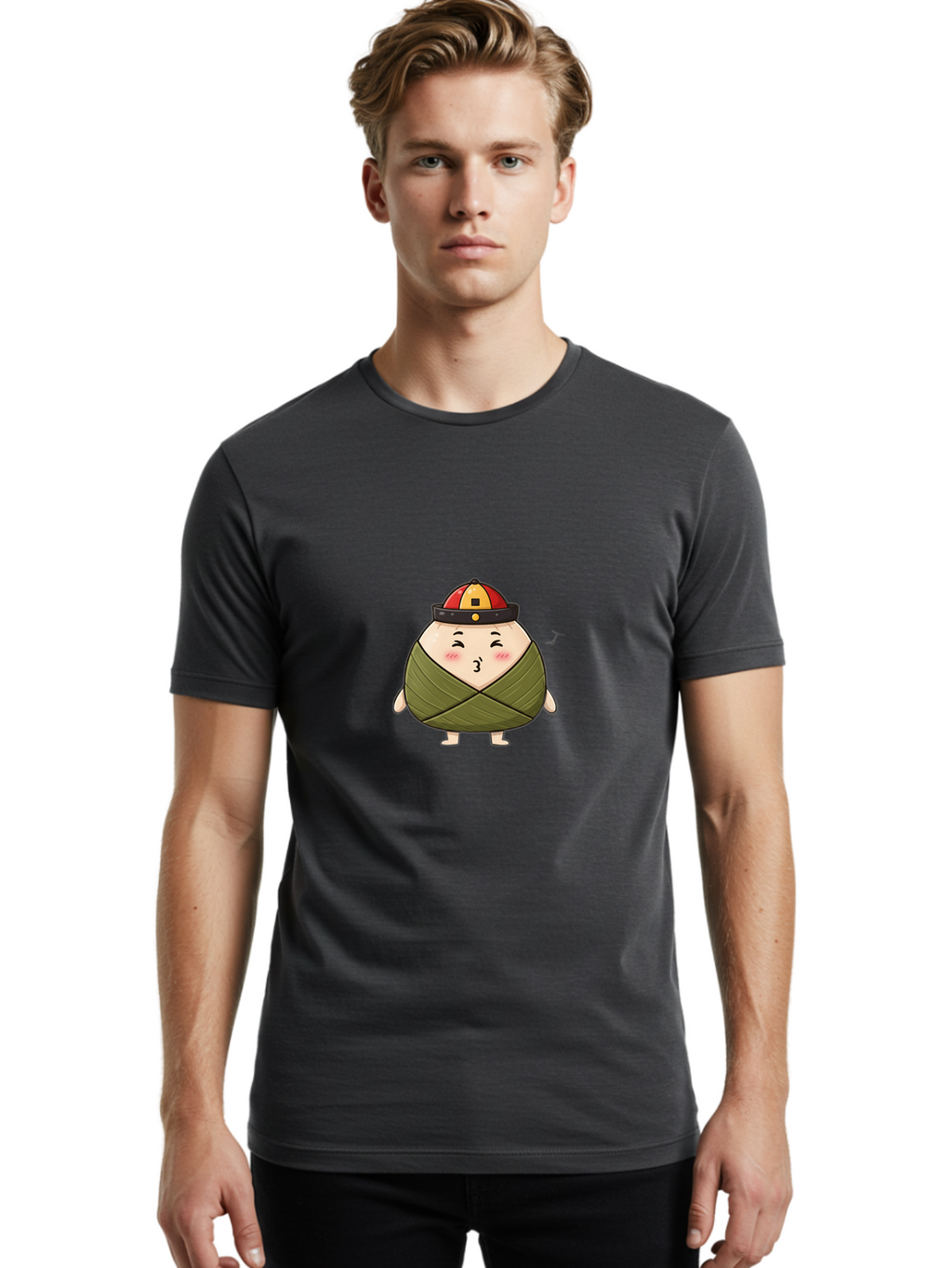 Zongzi-3 Men'S Graphic Tee, 100% Cotton, Comfortable Casual Summer Wear, Machine Washable, Cartoon Zongzi, Traditional Chinese Food, Wrapped Dumpling, Cute Character, Singing, Joyful Expression, Chinese Culture, Festival Treat, Bab604
