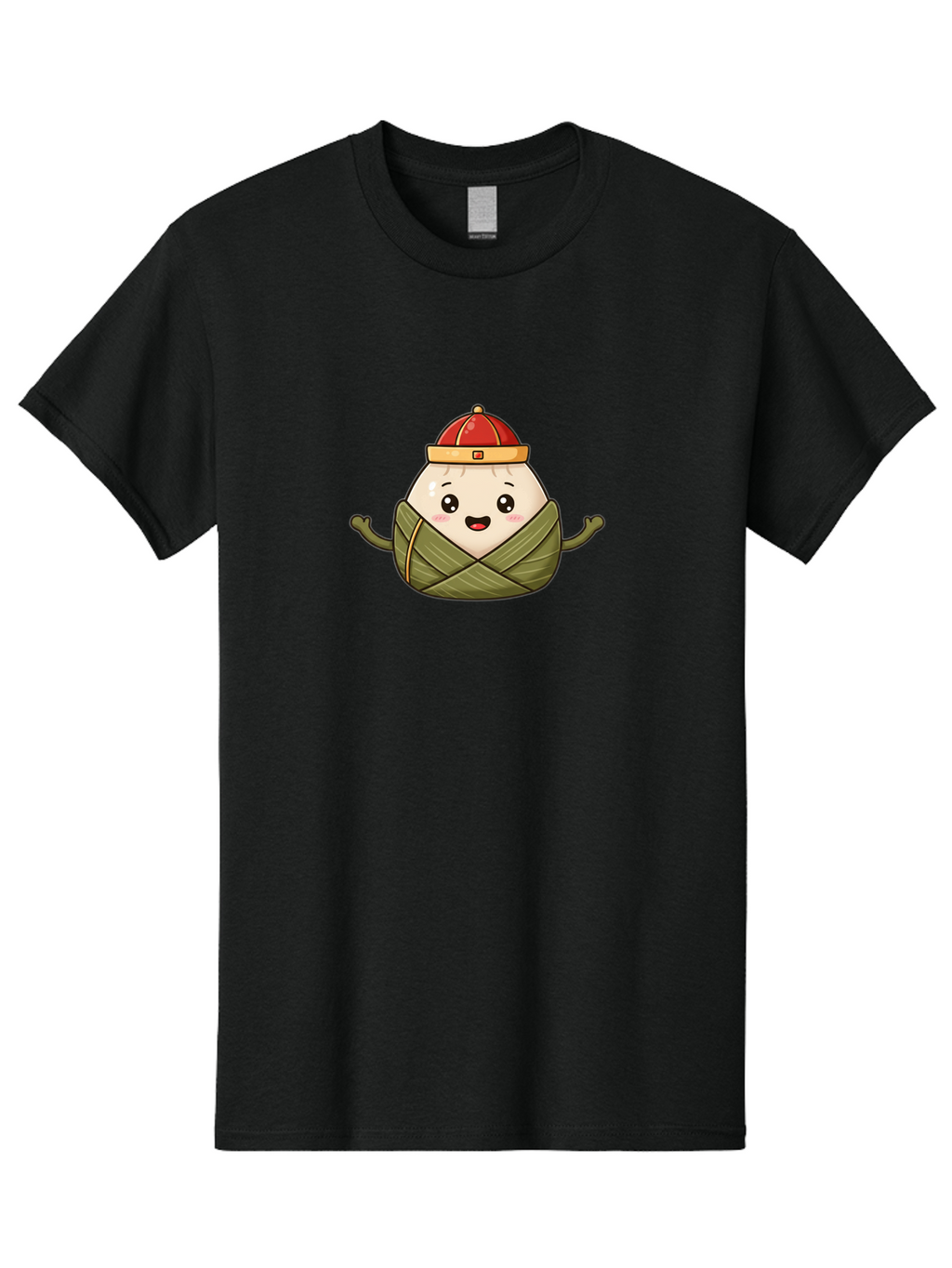 Zongzi-Cartoon-Character Men'S Graphic Tee, 100% Cotton, Comfortable Casual Summer Wear, Machine Washable, Cartoon Zongzi, Chinese Rice Dumpling, Traditional Food, Dragon Boat Festival, Happy Face, Red Hat, Green Wrapping, Cute Character, Bab606
