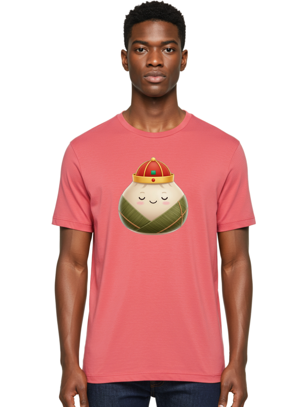 Zongzi-Dumpling-1 Men'S Graphic Tee, 100% Cotton, Comfortable Casual Summer Wear, Machine Washable, Traditional Chinese Food, Rice Dumpling, Wrapped In Bamboo Leaves, Festive Food, Cartoon Character, Smiling Face, Sleeping Expression, Bab607