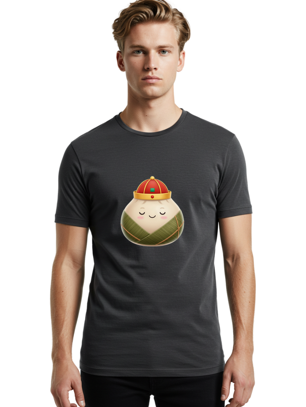 Zongzi-Dumpling-1 Men'S Graphic Tee, 100% Cotton, Comfortable Casual Summer Wear, Machine Washable, Traditional Chinese Food, Rice Dumpling, Wrapped In Bamboo Leaves, Festive Food, Cartoon Character, Smiling Face, Sleeping Expression, Bab607