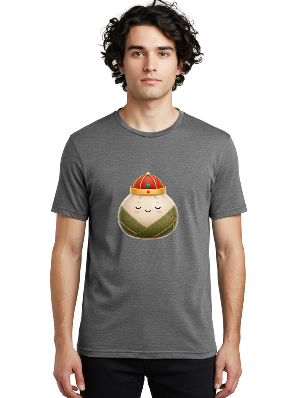 Zongzi-Dumpling-1 Men'S Graphic Tee, 100% Cotton, Comfortable Casual Summer Wear, Machine Washable, Traditional Chinese Food, Rice Dumpling, Wrapped In Bamboo Leaves, Festive Food, Cartoon Character, Smiling Face, Sleeping Expression, Bab607