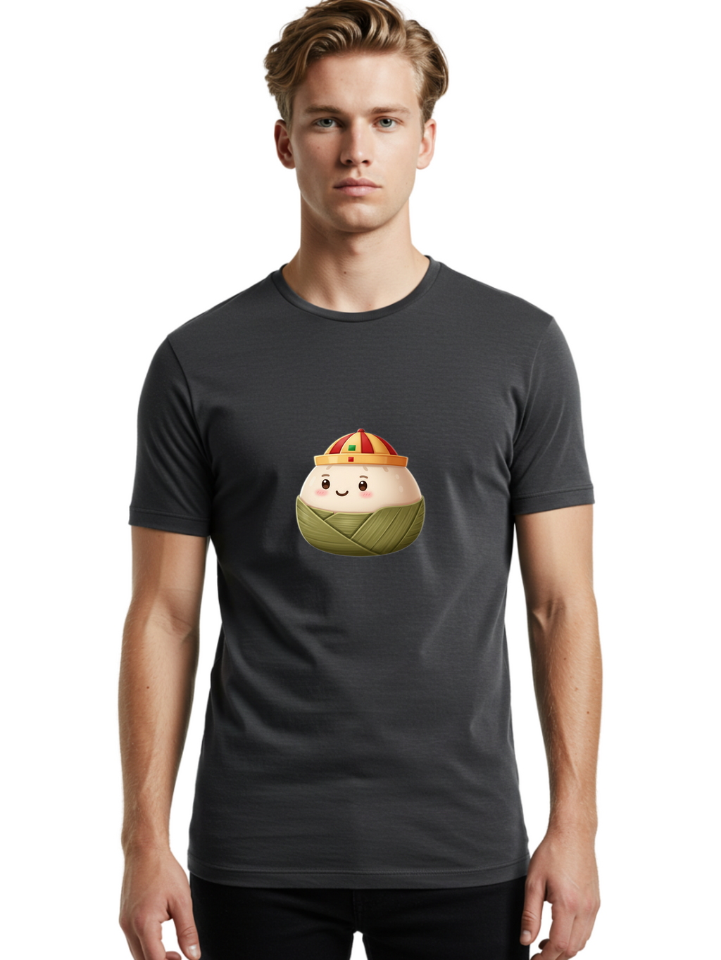 Zongzi Men'S Graphic Tee, 100% Cotton, Comfortable Casual Summer Wear, Machine Washable, Cartoon Dumpling, Chinese Cuisine, Wrapped In Leaves, Smiling Face, Festive Hat, Traditional Food, Cultural Heritage, Asian Delicacy, Cute Character Bab609