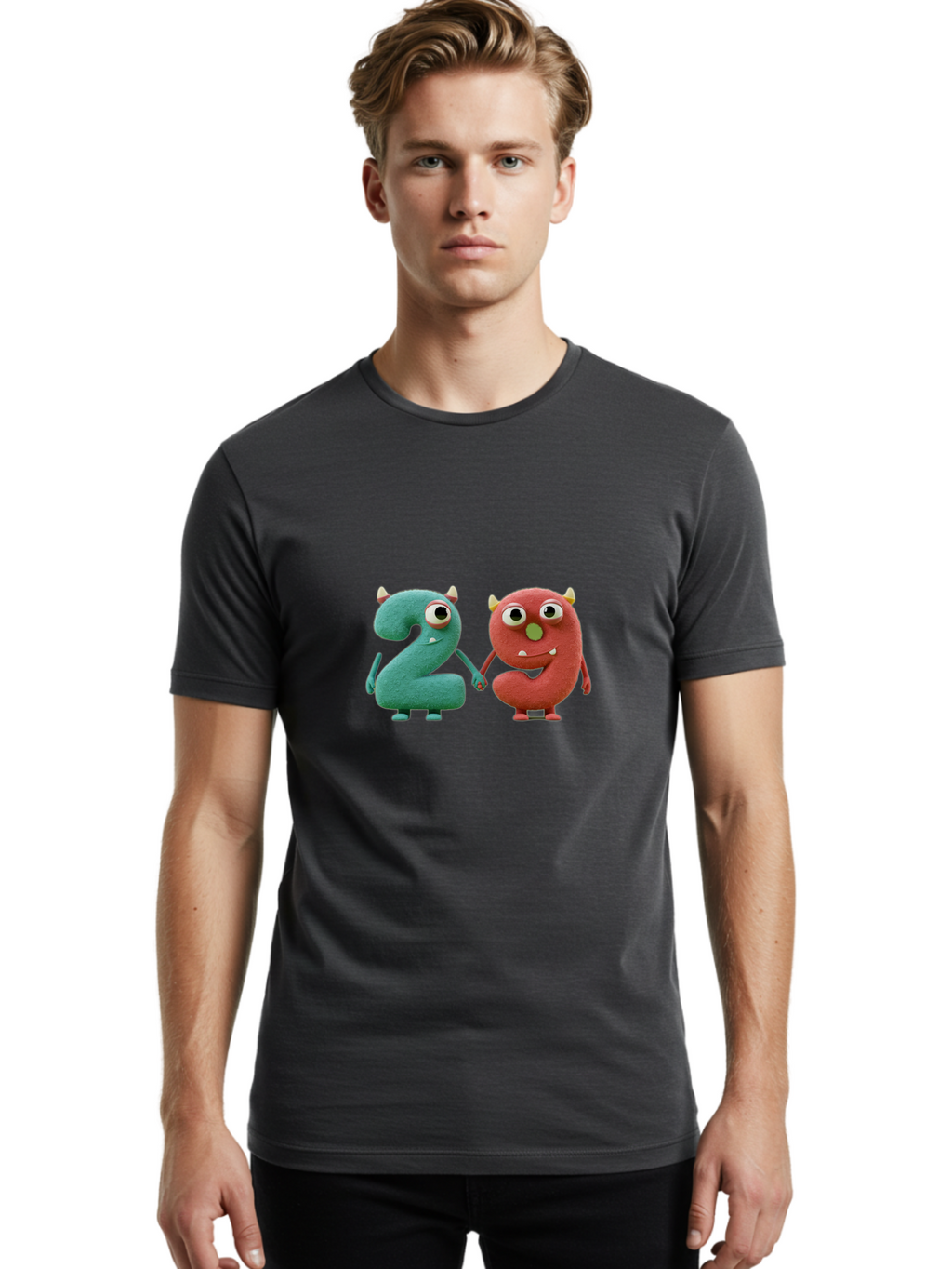 2-Monsters Men'S Graphic Tee, 100% Cotton, Comfortable Casual Summer Wear, Machine Washable, Monster Numbers, Cute Creatures, Colorful Characters, Playful Design, Funny Eyes, Holding Hands, Learning Numbers, Kid'S Education, Cartoon Style, Bab610
