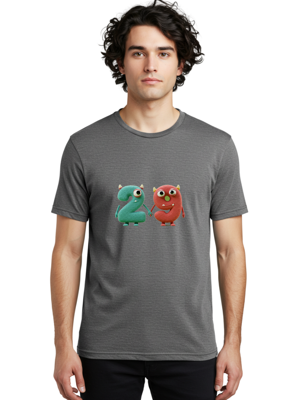 2-Monsters Men'S Graphic Tee, 100% Cotton, Comfortable Casual Summer Wear, Machine Washable, Monster Numbers, Cute Creatures, Colorful Characters, Playful Design, Funny Eyes, Holding Hands, Learning Numbers, Kid'S Education, Cartoon Style, Bab610