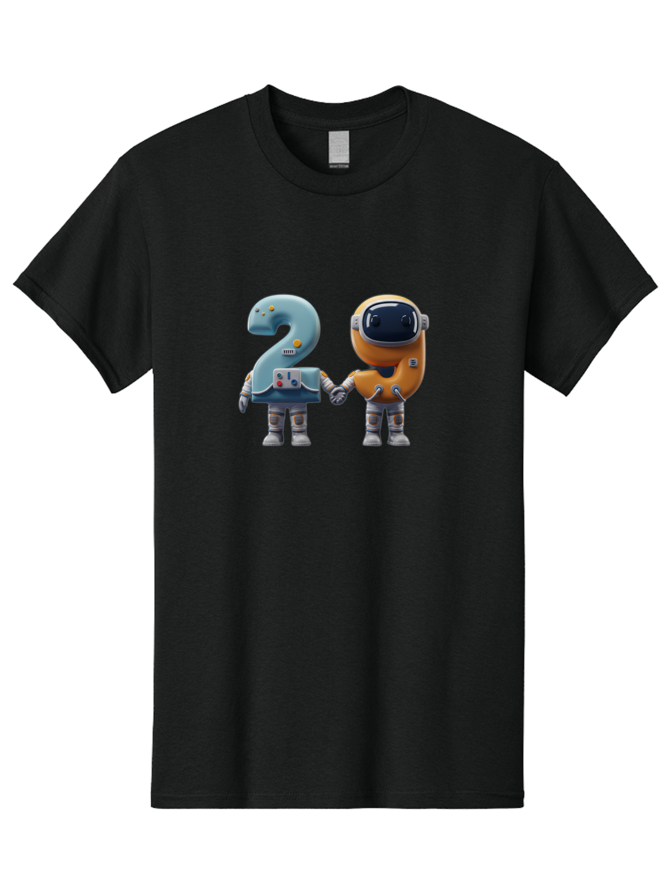 2-Robots Men'S Graphic Tee, 100% Cotton, Comfortable Casual Summer Wear, Machine Washable, 3D Rendered Robots, Robot Holding Number 2, Futuristic Design, Robotic Figures, Hand In Hand Robots, Orange And Blue Robots, Space Age, Robotics, Bab611