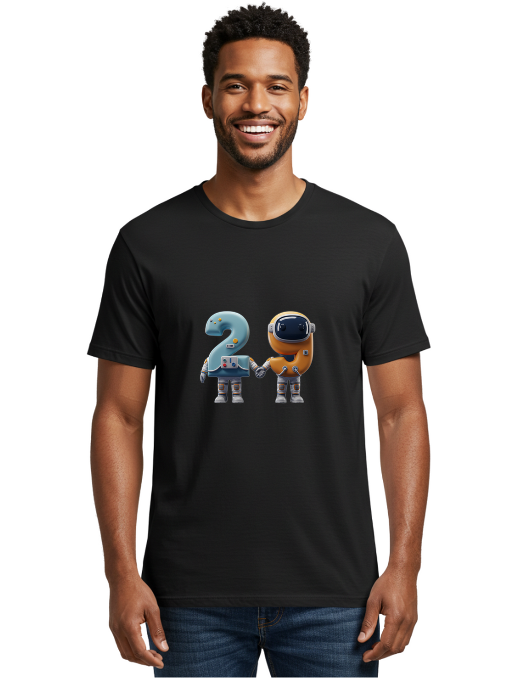 2-Robots Men'S Graphic Tee, 100% Cotton, Comfortable Casual Summer Wear, Machine Washable, 3D Rendered Robots, Robot Holding Number 2, Futuristic Design, Robotic Figures, Hand In Hand Robots, Orange And Blue Robots, Space Age, Robotics, Bab611