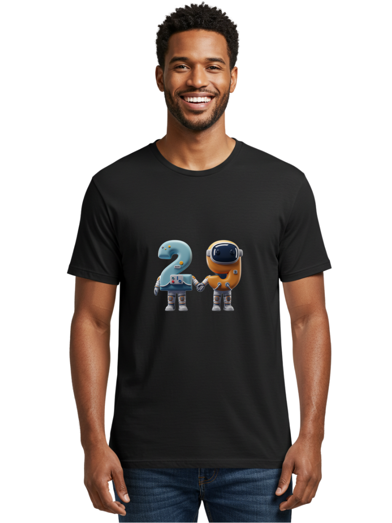 2-Robots Men'S Graphic Tee, 100% Cotton, Comfortable Casual Summer Wear, Machine Washable, 3D Rendered Robots, Robot Holding Number 2, Futuristic Design, Robotic Figures, Hand In Hand Robots, Orange And Blue Robots, Space Age, Robotics, Bab611