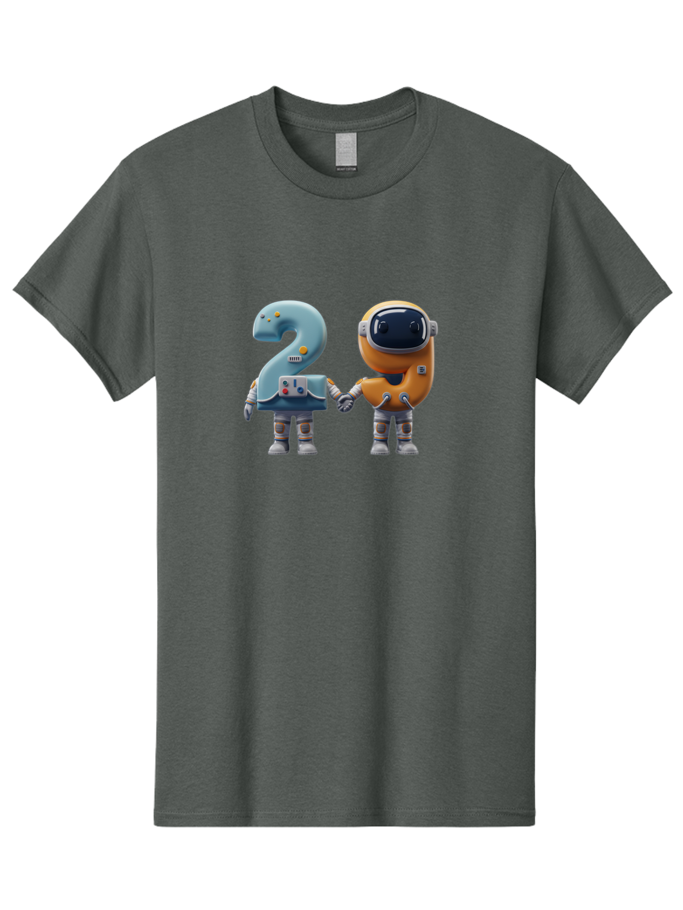 2-Robots Men'S Graphic Tee, 100% Cotton, Comfortable Casual Summer Wear, Machine Washable, 3D Rendered Robots, Robot Holding Number 2, Futuristic Design, Robotic Figures, Hand In Hand Robots, Orange And Blue Robots, Space Age, Robotics, Bab611