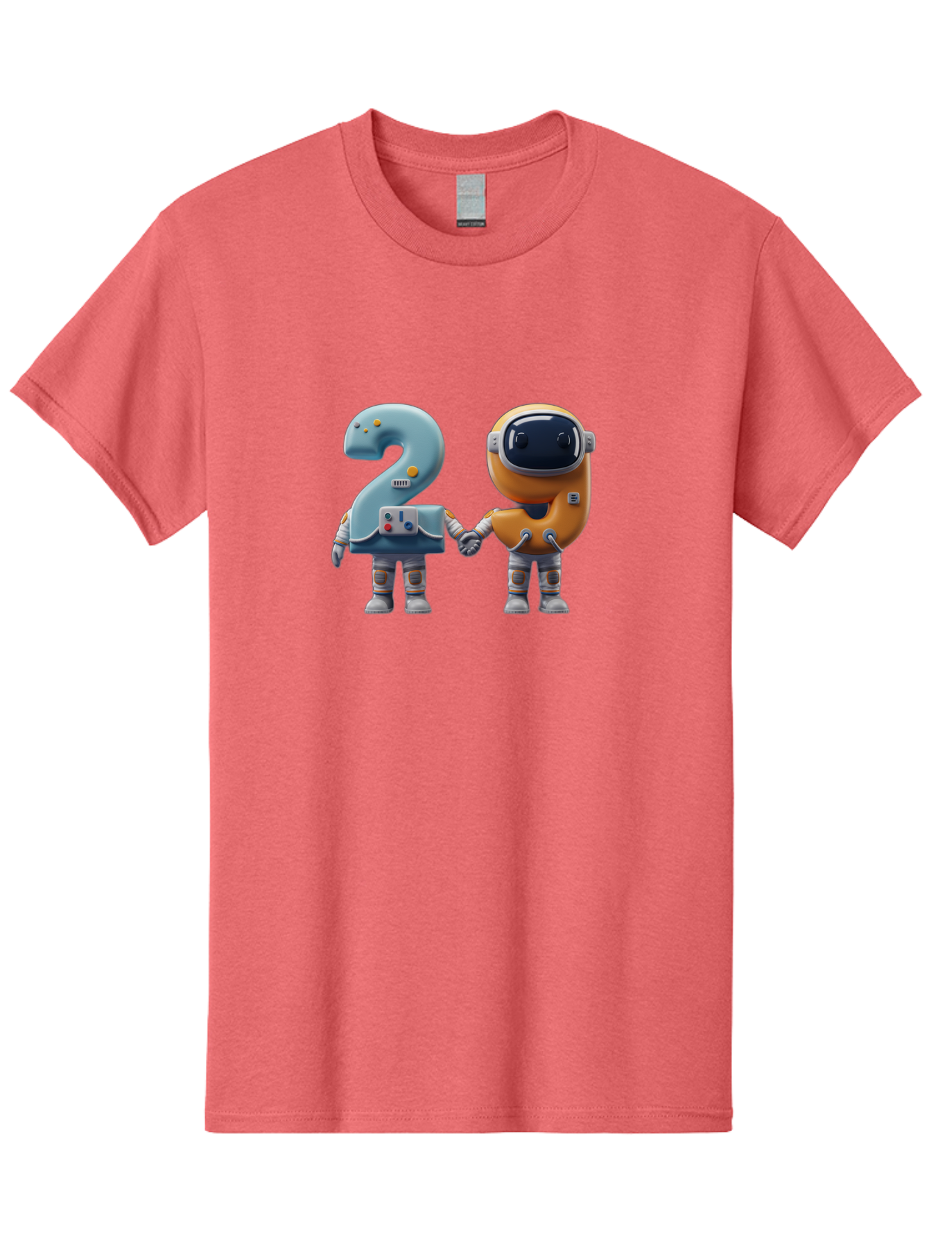 2-Robots Men'S Graphic Tee, 100% Cotton, Comfortable Casual Summer Wear, Machine Washable, 3D Rendered Robots, Robot Holding Number 2, Futuristic Design, Robotic Figures, Hand In Hand Robots, Orange And Blue Robots, Space Age, Robotics, Bab611