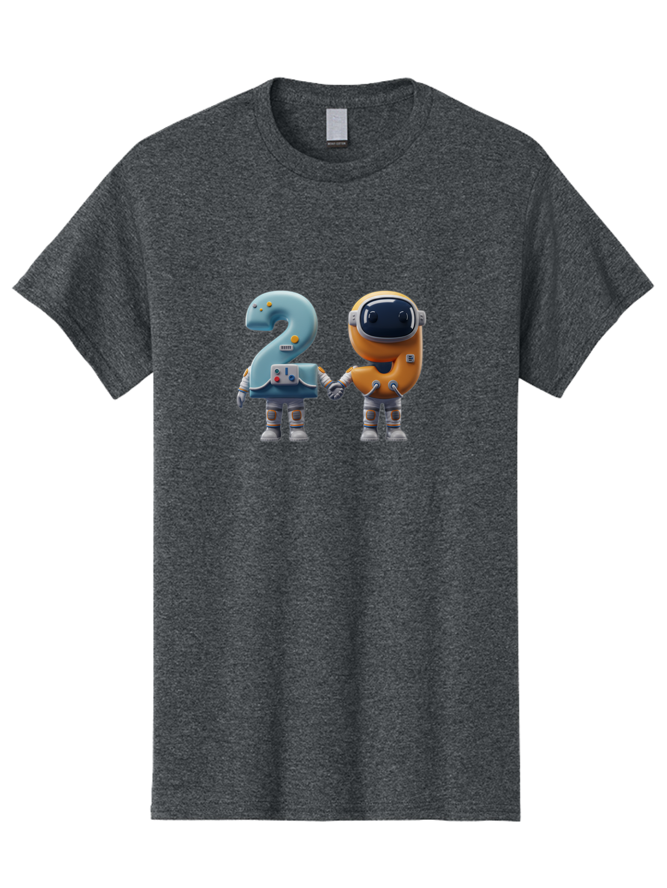 2-Robots Men'S Graphic Tee, 100% Cotton, Comfortable Casual Summer Wear, Machine Washable, 3D Rendered Robots, Robot Holding Number 2, Futuristic Design, Robotic Figures, Hand In Hand Robots, Orange And Blue Robots, Space Age, Robotics, Bab611