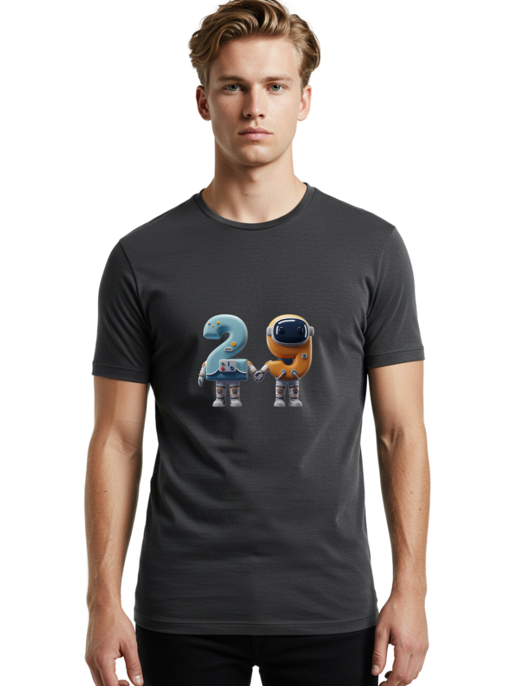 2-Robots Men'S Graphic Tee, 100% Cotton, Comfortable Casual Summer Wear, Machine Washable, 3D Rendered Robots, Robot Holding Number 2, Futuristic Design, Robotic Figures, Hand In Hand Robots, Orange And Blue Robots, Space Age, Robotics, Bab611