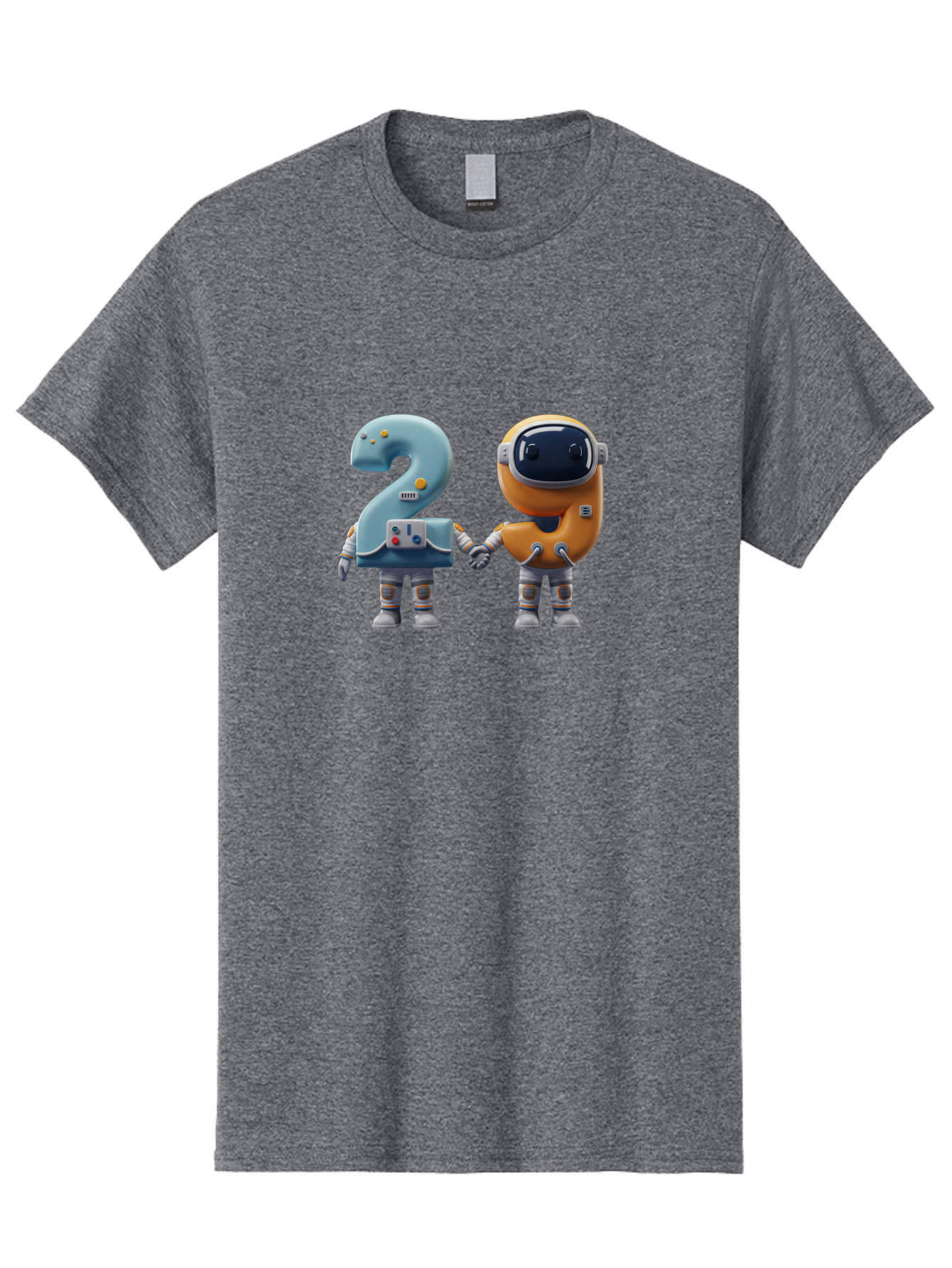 2-Robots Men'S Graphic Tee, 100% Cotton, Comfortable Casual Summer Wear, Machine Washable, 3D Rendered Robots, Robot Holding Number 2, Futuristic Design, Robotic Figures, Hand In Hand Robots, Orange And Blue Robots, Space Age, Robotics, Bab611