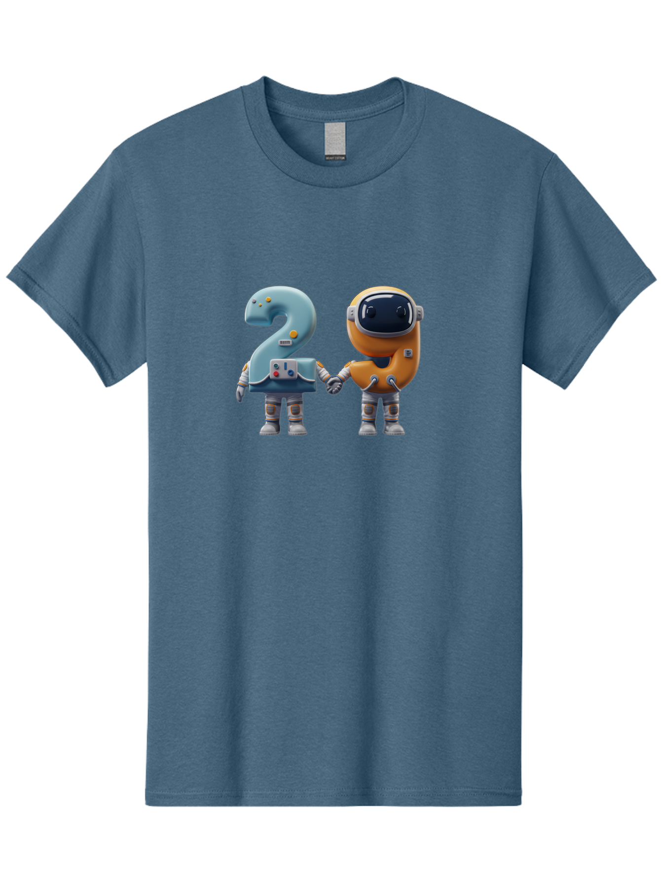 2-Robots Men'S Graphic Tee, 100% Cotton, Comfortable Casual Summer Wear, Machine Washable, 3D Rendered Robots, Robot Holding Number 2, Futuristic Design, Robotic Figures, Hand In Hand Robots, Orange And Blue Robots, Space Age, Robotics, Bab611