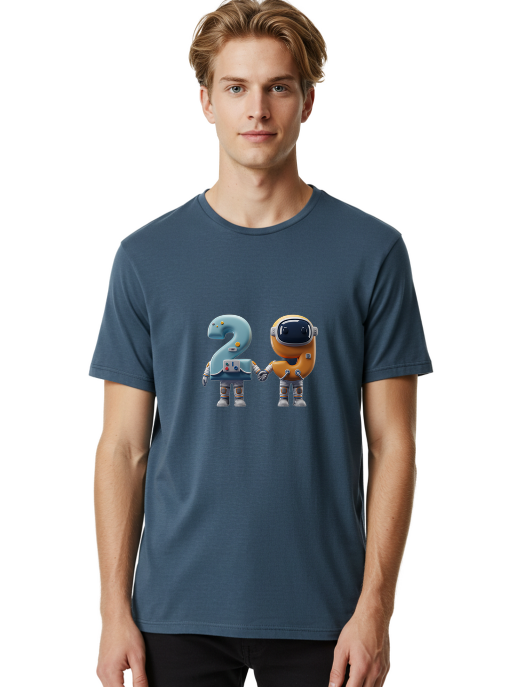 2-Robots Men'S Graphic Tee, 100% Cotton, Comfortable Casual Summer Wear, Machine Washable, 3D Rendered Robots, Robot Holding Number 2, Futuristic Design, Robotic Figures, Hand In Hand Robots, Orange And Blue Robots, Space Age, Robotics, Bab611