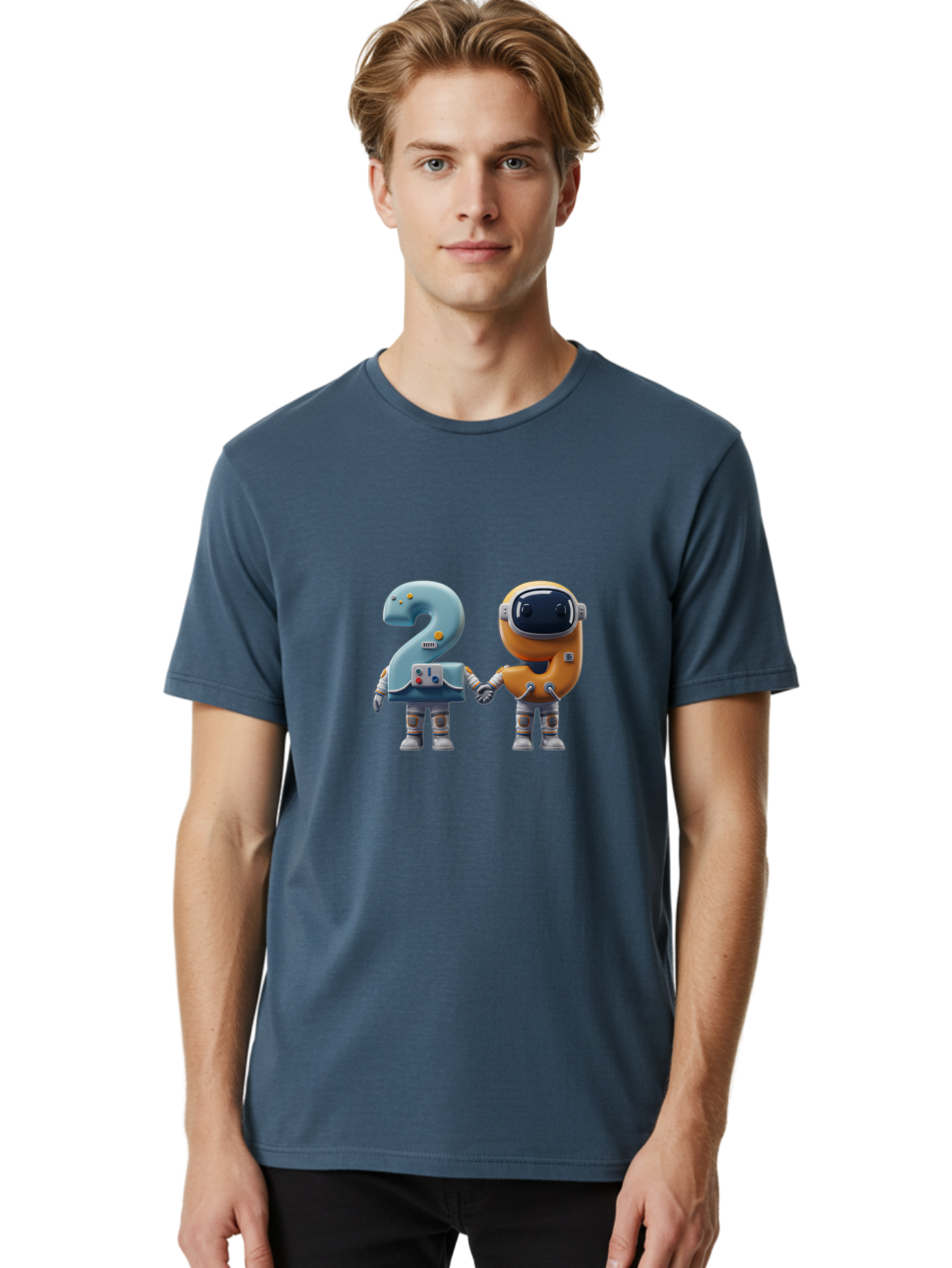 2-Robots Men'S Graphic Tee, 100% Cotton, Comfortable Casual Summer Wear, Machine Washable, 3D Rendered Robots, Robot Holding Number 2, Futuristic Design, Robotic Figures, Hand In Hand Robots, Orange And Blue Robots, Space Age, Robotics, Bab611