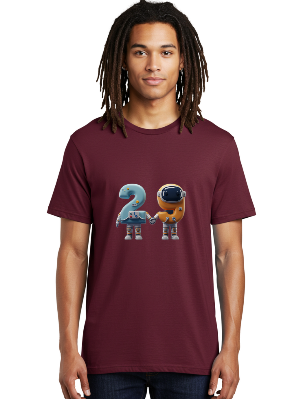 2-Robots Men'S Graphic Tee, 100% Cotton, Comfortable Casual Summer Wear, Machine Washable, 3D Rendered Robots, Robot Holding Number 2, Futuristic Design, Robotic Figures, Hand In Hand Robots, Orange And Blue Robots, Space Age, Robotics, Bab611