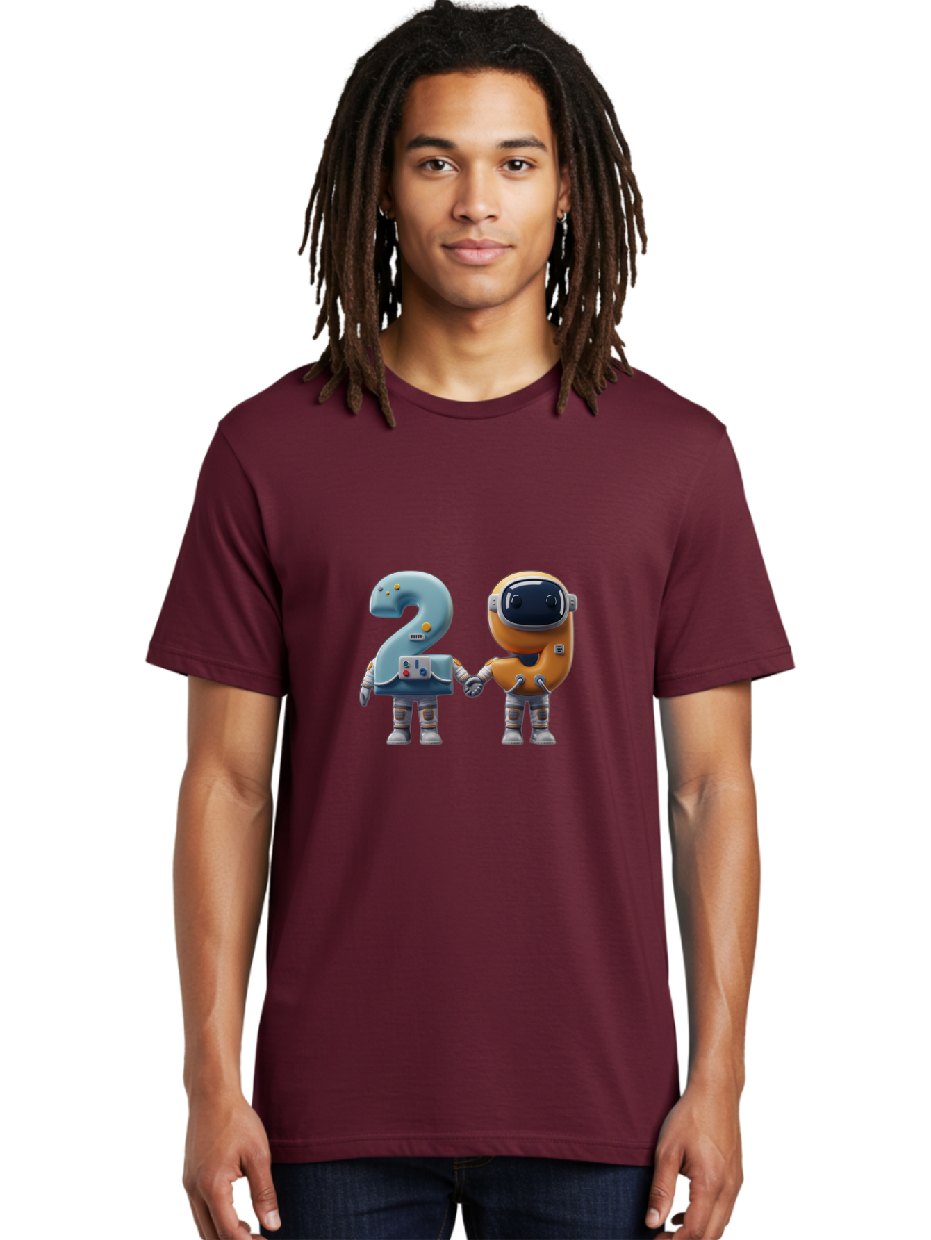 2-Robots Men'S Graphic Tee, 100% Cotton, Comfortable Casual Summer Wear, Machine Washable, 3D Rendered Robots, Robot Holding Number 2, Futuristic Design, Robotic Figures, Hand In Hand Robots, Orange And Blue Robots, Space Age, Robotics, Bab611