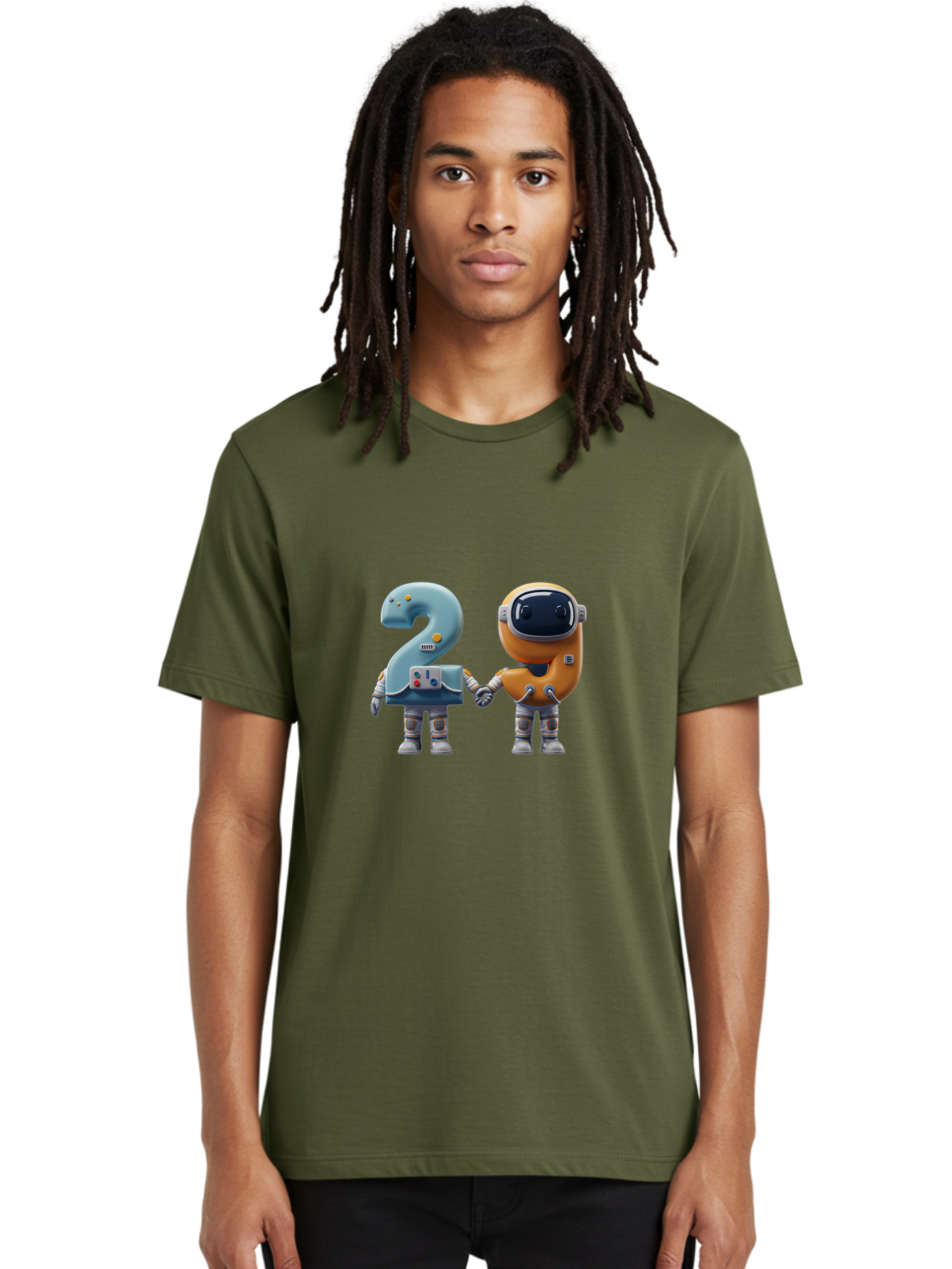2-Robots Men'S Graphic Tee, 100% Cotton, Comfortable Casual Summer Wear, Machine Washable, 3D Rendered Robots, Robot Holding Number 2, Futuristic Design, Robotic Figures, Hand In Hand Robots, Orange And Blue Robots, Space Age, Robotics, Bab611