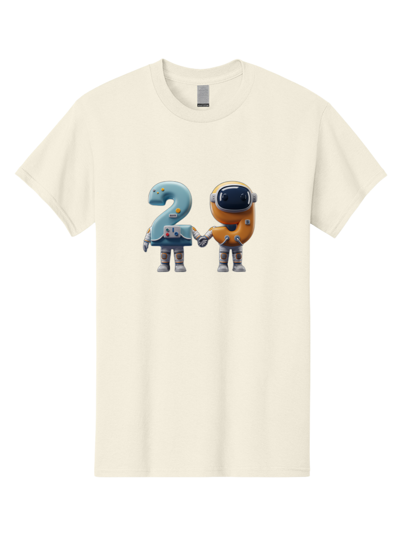 2-Robots Men'S Graphic Tee, 100% Cotton, Comfortable Casual Summer Wear, Machine Washable, 3D Rendered Robots, Robot Holding Number 2, Futuristic Design, Robotic Figures, Hand In Hand Robots, Orange And Blue Robots, Space Age, Robotics, Bab611