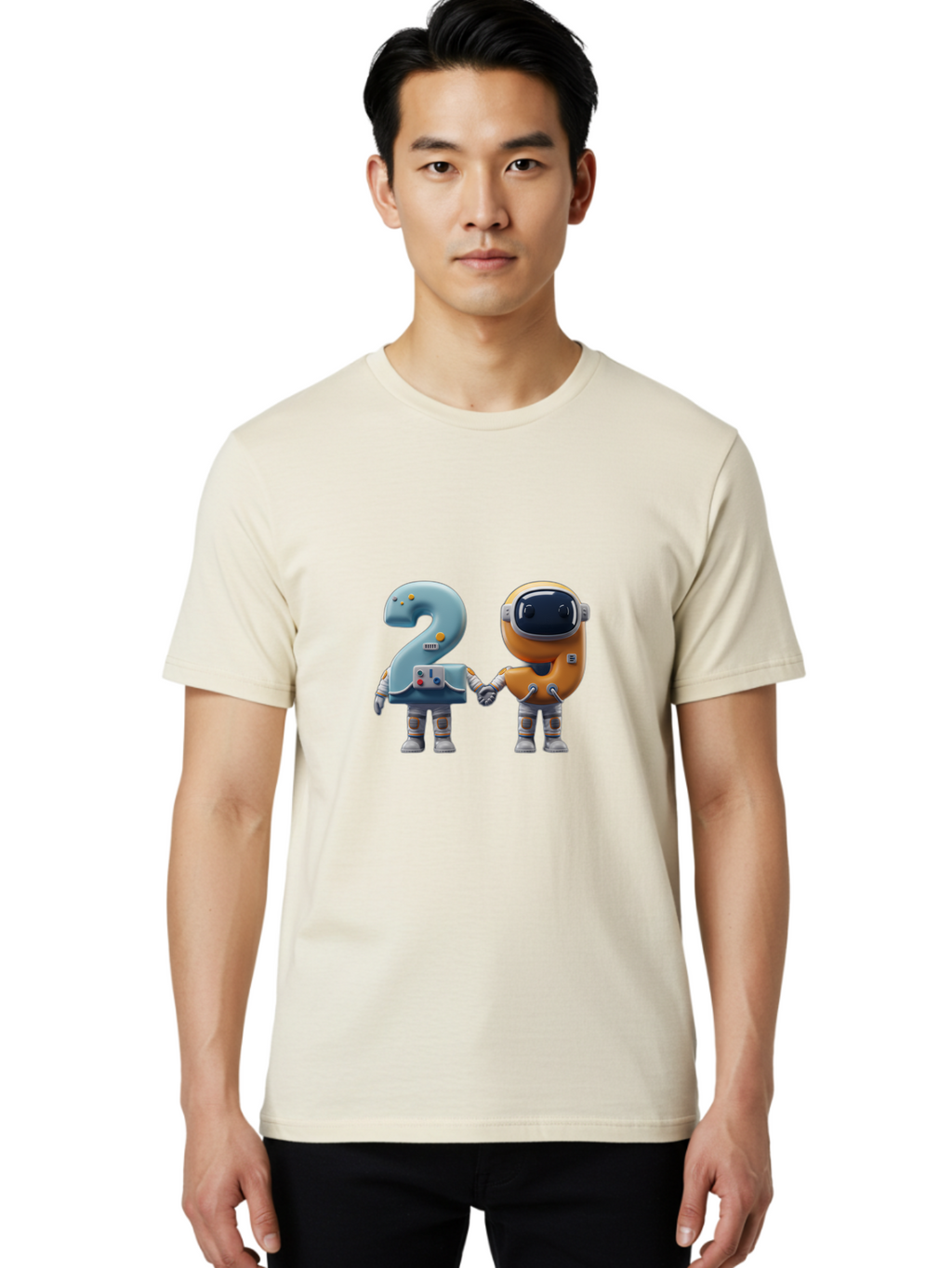 2-Robots Men'S Graphic Tee, 100% Cotton, Comfortable Casual Summer Wear, Machine Washable, 3D Rendered Robots, Robot Holding Number 2, Futuristic Design, Robotic Figures, Hand In Hand Robots, Orange And Blue Robots, Space Age, Robotics, Bab611