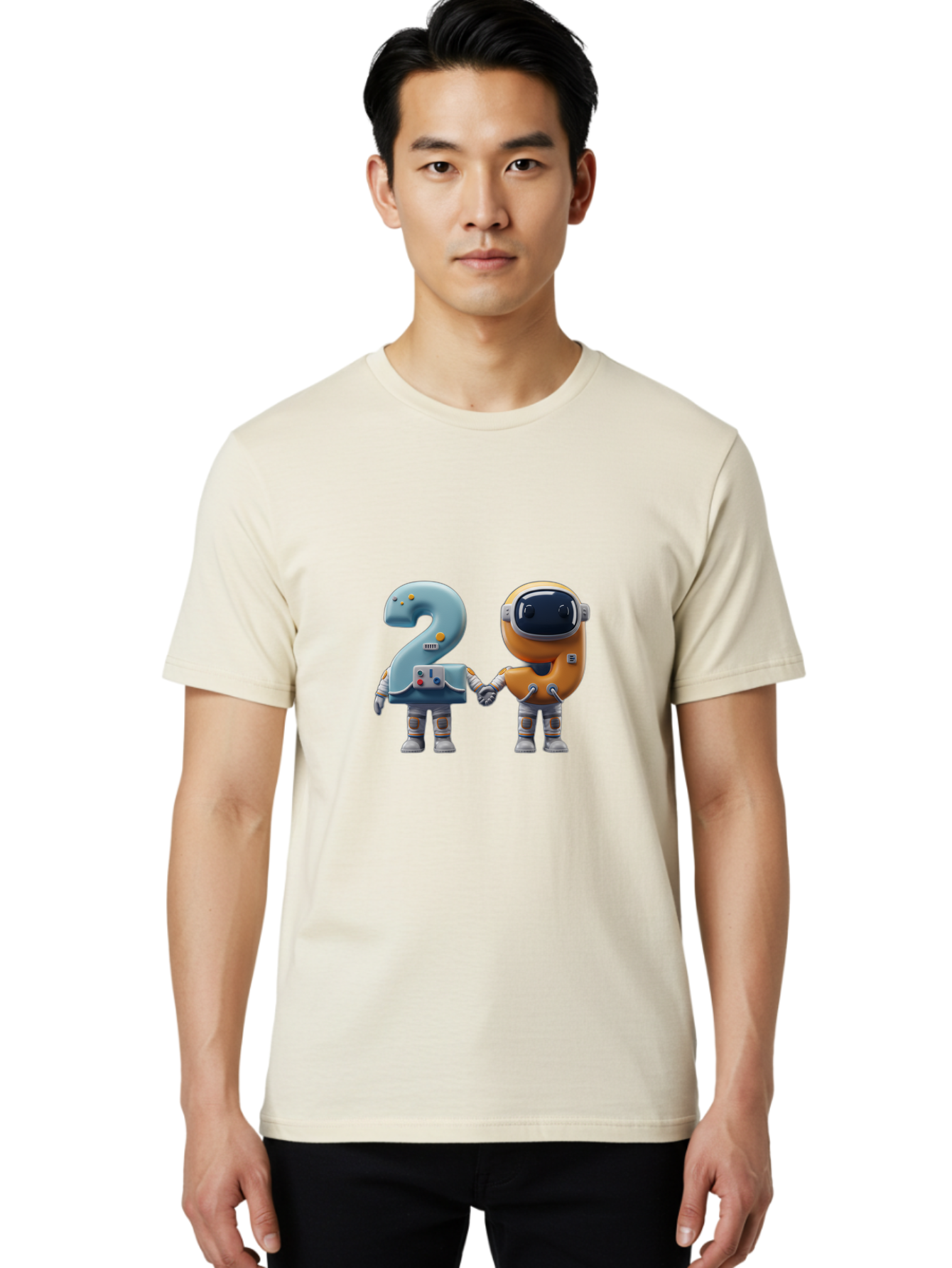 2-Robots Men'S Graphic Tee, 100% Cotton, Comfortable Casual Summer Wear, Machine Washable, 3D Rendered Robots, Robot Holding Number 2, Futuristic Design, Robotic Figures, Hand In Hand Robots, Orange And Blue Robots, Space Age, Robotics, Bab611