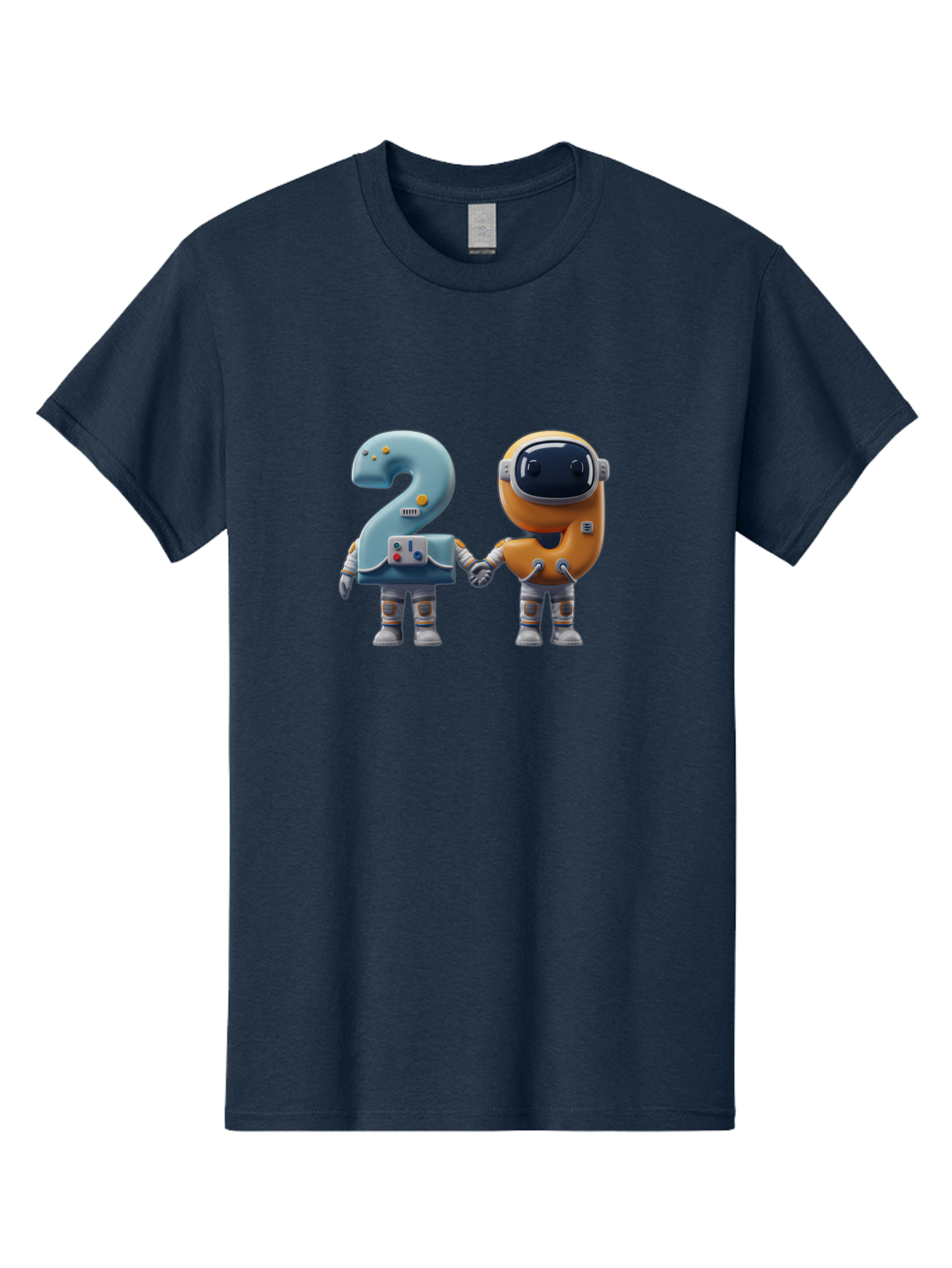 2-Robots Men'S Graphic Tee, 100% Cotton, Comfortable Casual Summer Wear, Machine Washable, 3D Rendered Robots, Robot Holding Number 2, Futuristic Design, Robotic Figures, Hand In Hand Robots, Orange And Blue Robots, Space Age, Robotics, Bab611