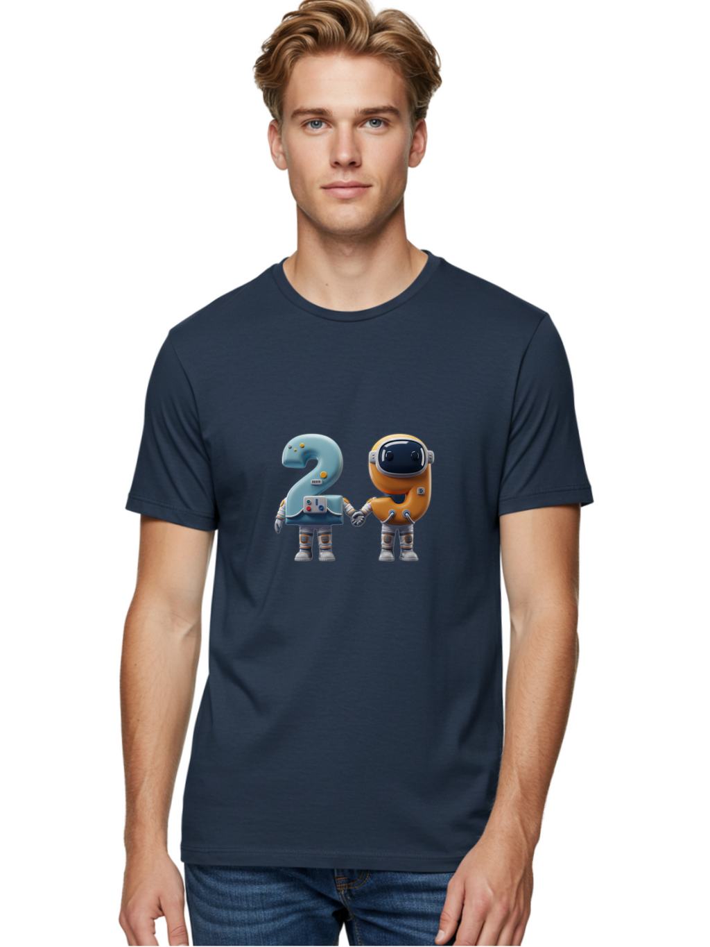 2-Robots Men'S Graphic Tee, 100% Cotton, Comfortable Casual Summer Wear, Machine Washable, 3D Rendered Robots, Robot Holding Number 2, Futuristic Design, Robotic Figures, Hand In Hand Robots, Orange And Blue Robots, Space Age, Robotics, Bab611
