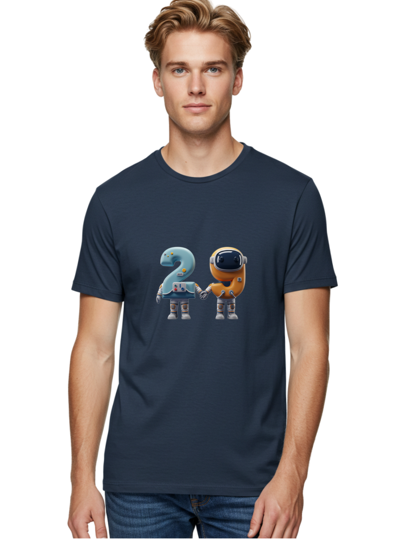 2-Robots Men'S Graphic Tee, 100% Cotton, Comfortable Casual Summer Wear, Machine Washable, 3D Rendered Robots, Robot Holding Number 2, Futuristic Design, Robotic Figures, Hand In Hand Robots, Orange And Blue Robots, Space Age, Robotics, Bab611