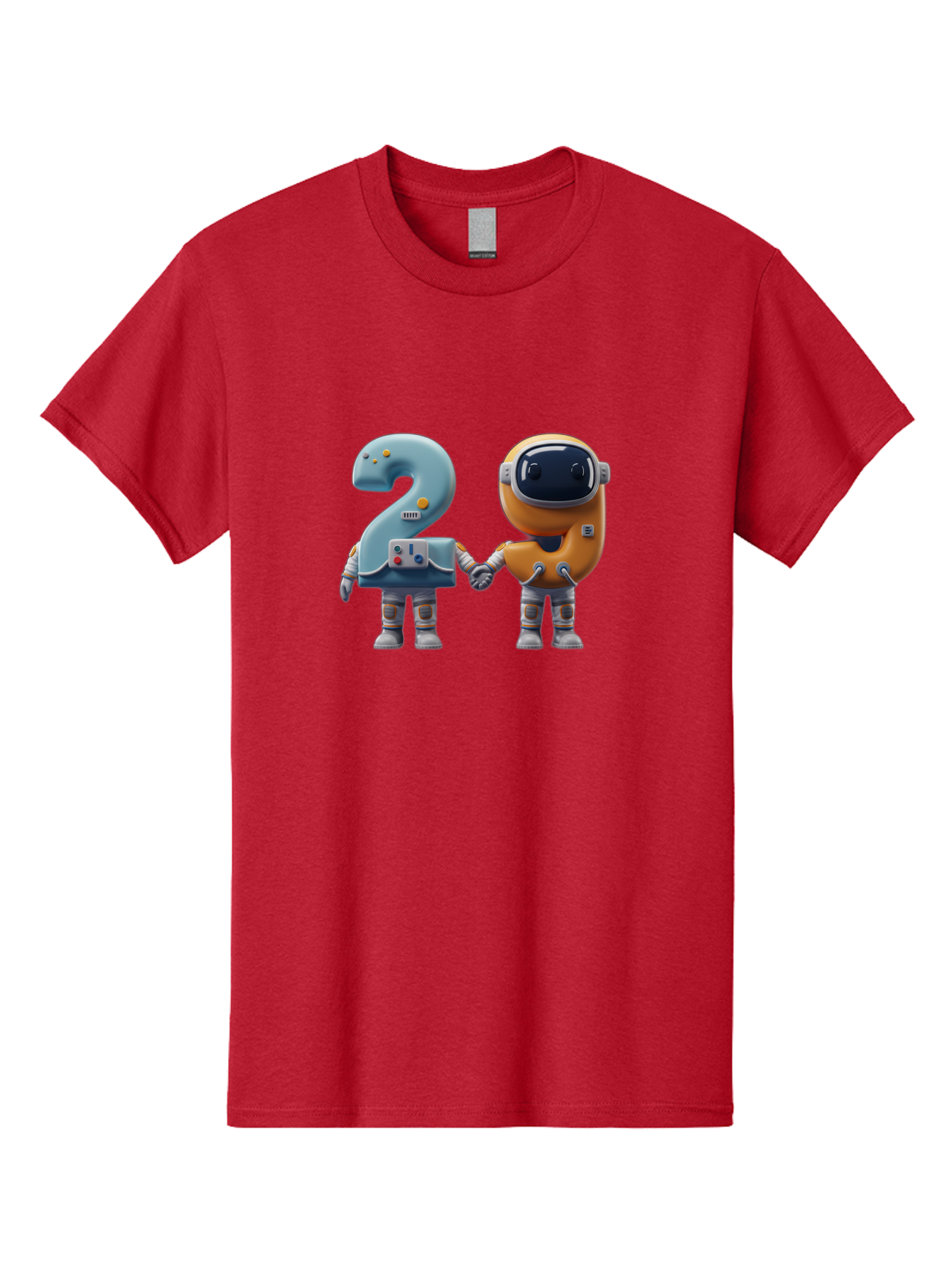 2-Robots Men'S Graphic Tee, 100% Cotton, Comfortable Casual Summer Wear, Machine Washable, 3D Rendered Robots, Robot Holding Number 2, Futuristic Design, Robotic Figures, Hand In Hand Robots, Orange And Blue Robots, Space Age, Robotics, Bab611
