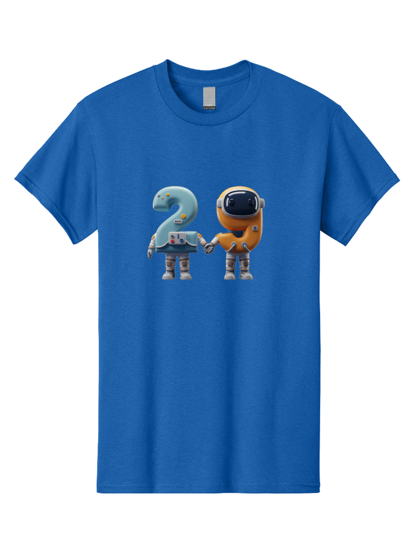 2-Robots Men'S Graphic Tee, 100% Cotton, Comfortable Casual Summer Wear, Machine Washable, 3D Rendered Robots, Robot Holding Number 2, Futuristic Design, Robotic Figures, Hand In Hand Robots, Orange And Blue Robots, Space Age, Robotics, Bab611
