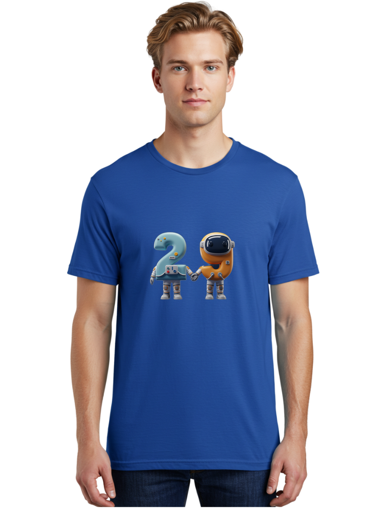 2-Robots Men'S Graphic Tee, 100% Cotton, Comfortable Casual Summer Wear, Machine Washable, 3D Rendered Robots, Robot Holding Number 2, Futuristic Design, Robotic Figures, Hand In Hand Robots, Orange And Blue Robots, Space Age, Robotics, Bab611