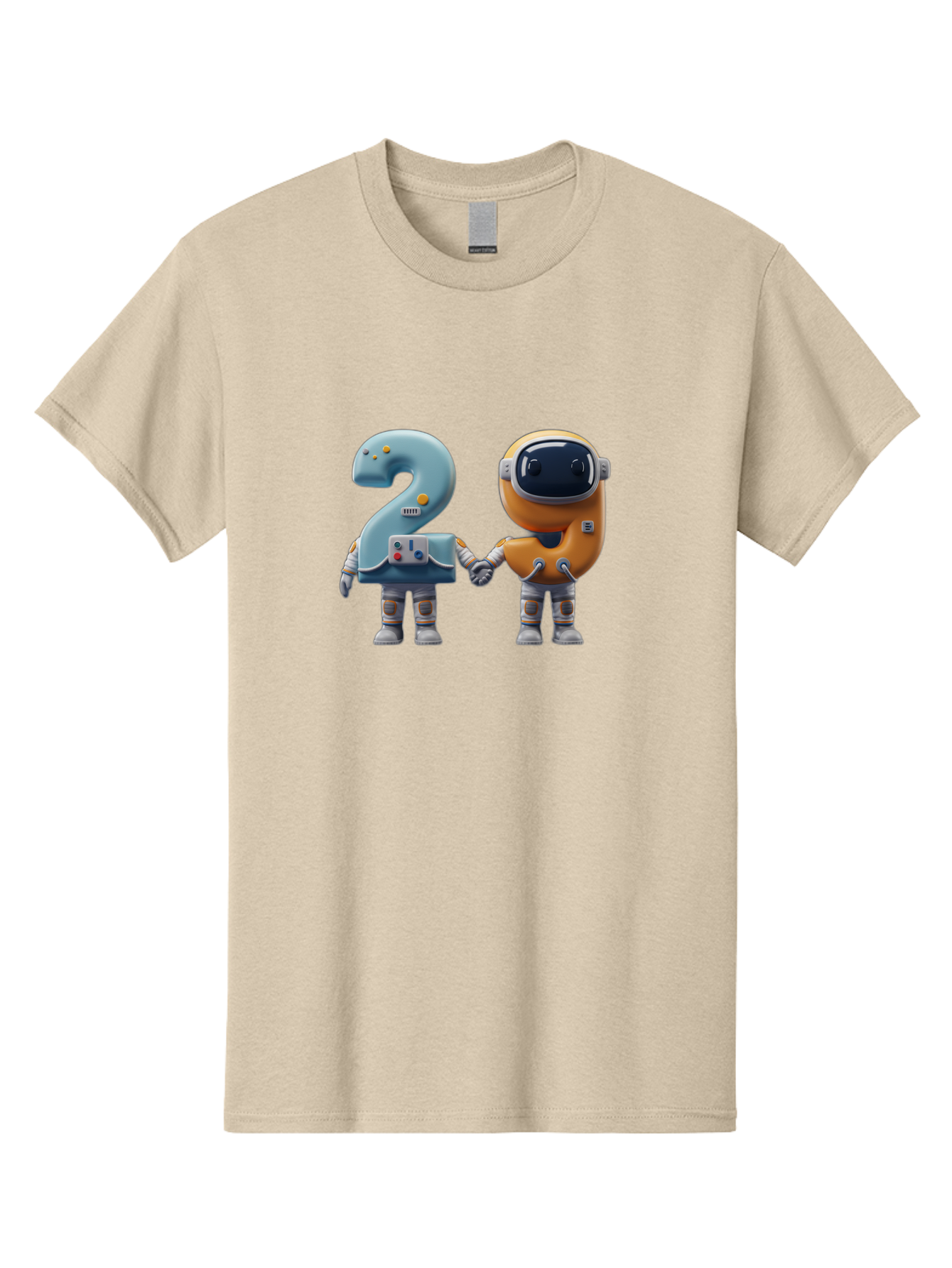 2-Robots Men'S Graphic Tee, 100% Cotton, Comfortable Casual Summer Wear, Machine Washable, 3D Rendered Robots, Robot Holding Number 2, Futuristic Design, Robotic Figures, Hand In Hand Robots, Orange And Blue Robots, Space Age, Robotics, Bab611