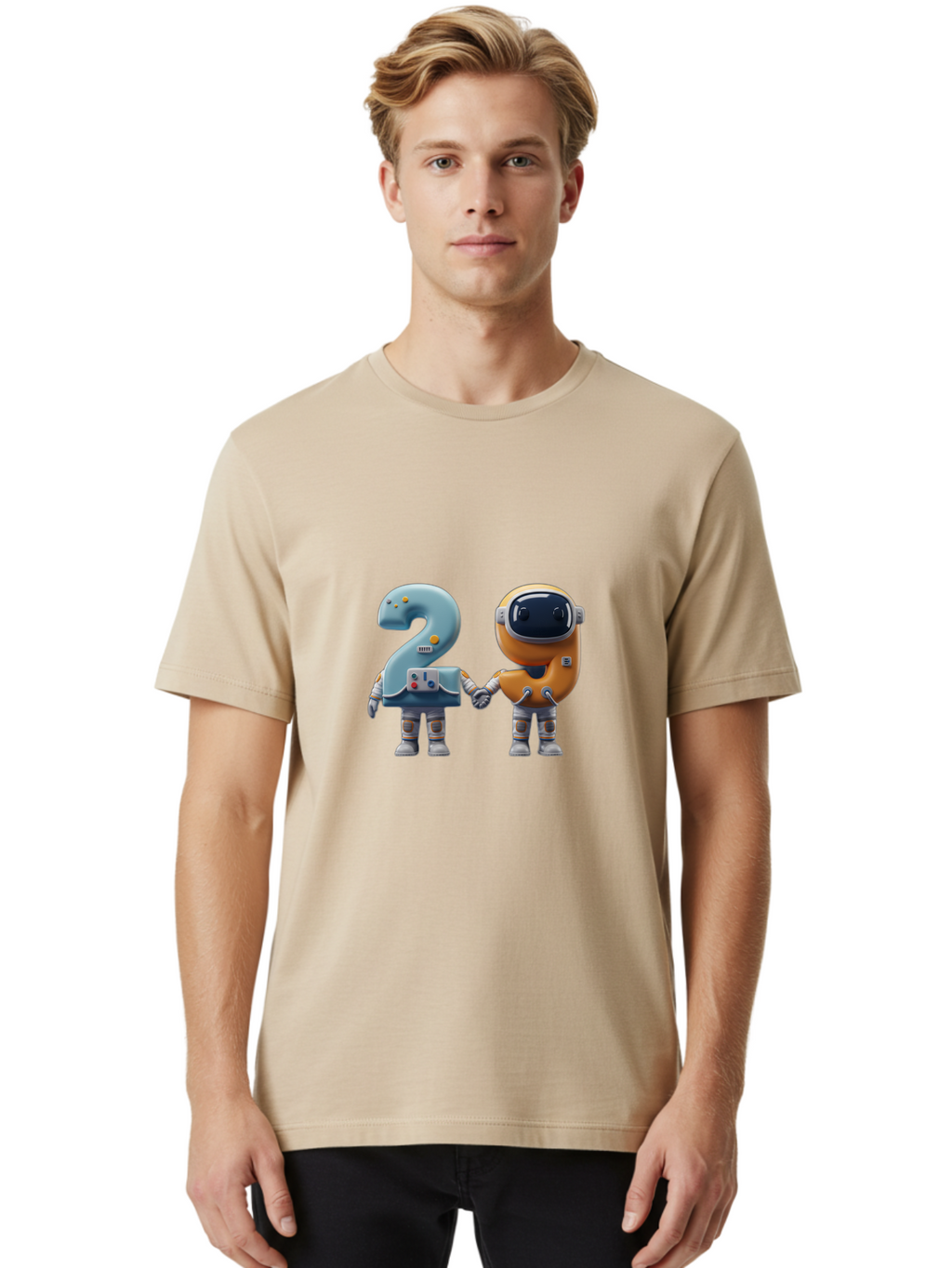 2-Robots Men'S Graphic Tee, 100% Cotton, Comfortable Casual Summer Wear, Machine Washable, 3D Rendered Robots, Robot Holding Number 2, Futuristic Design, Robotic Figures, Hand In Hand Robots, Orange And Blue Robots, Space Age, Robotics, Bab611