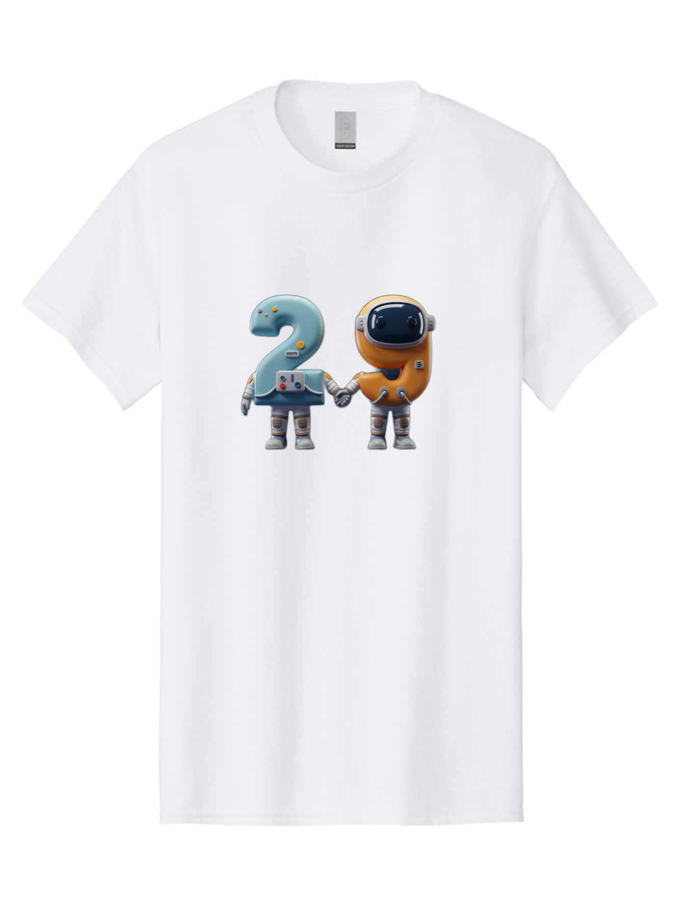 2-Robots Men'S Graphic Tee, 100% Cotton, Comfortable Casual Summer Wear, Machine Washable, 3D Rendered Robots, Robot Holding Number 2, Futuristic Design, Robotic Figures, Hand In Hand Robots, Orange And Blue Robots, Space Age, Robotics, Bab611