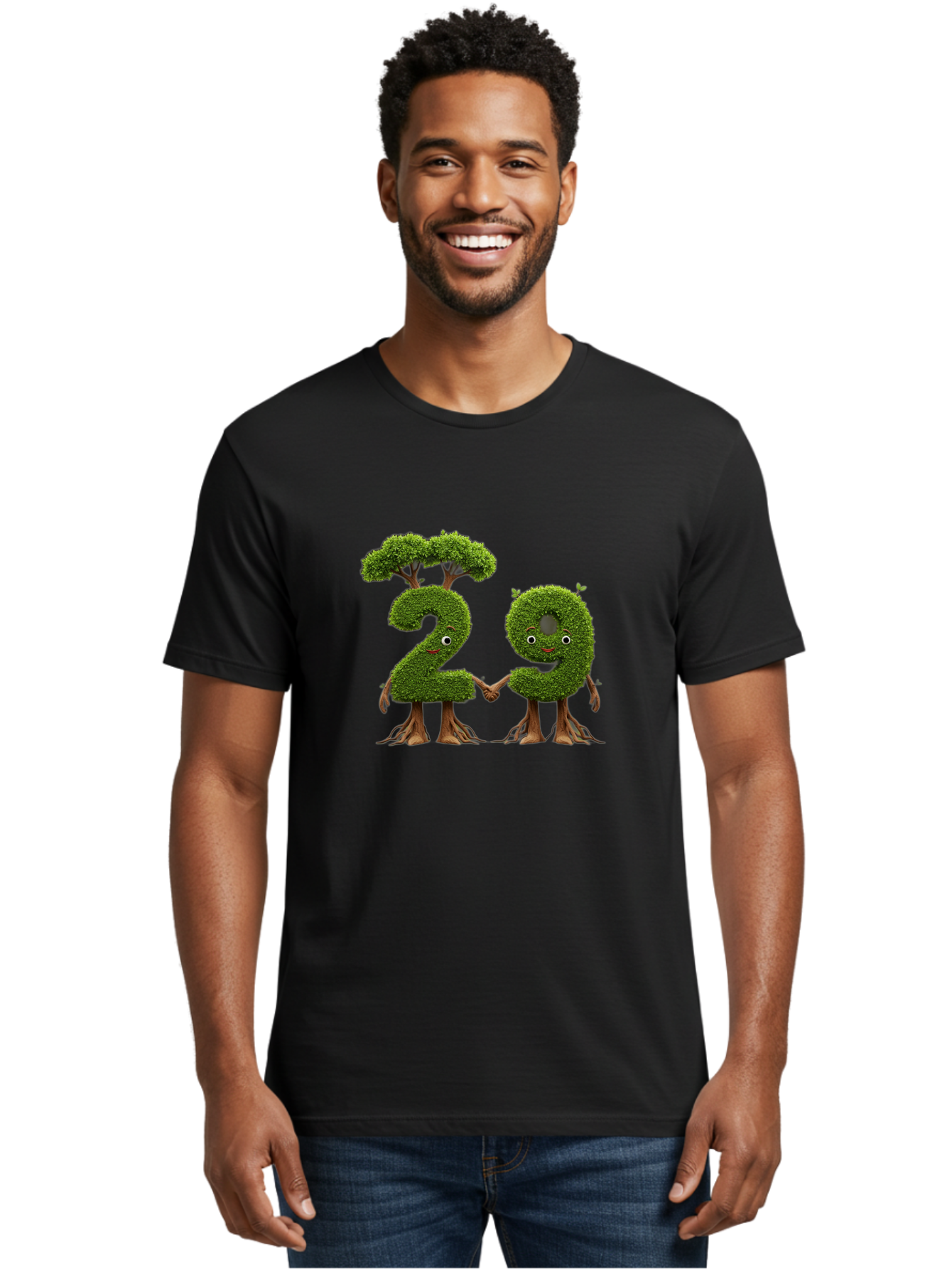 20 Men'S Graphic Tee, 100% Cotton, Comfortable Casual Summer Wear, Machine Washable, Topiary Numbers, Hand In Hand, Numbers 2 And 4, Foliage Characters, Leafy Figures, Green Numbers, Happy Faces, Whimsical Design, Nature-Inspired Art, Bab612