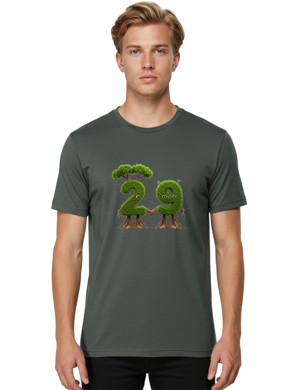 20 Men'S Graphic Tee, 100% Cotton, Comfortable Casual Summer Wear, Machine Washable, Topiary Numbers, Hand In Hand, Numbers 2 And 4, Foliage Characters, Leafy Figures, Green Numbers, Happy Faces, Whimsical Design, Nature-Inspired Art, Bab612