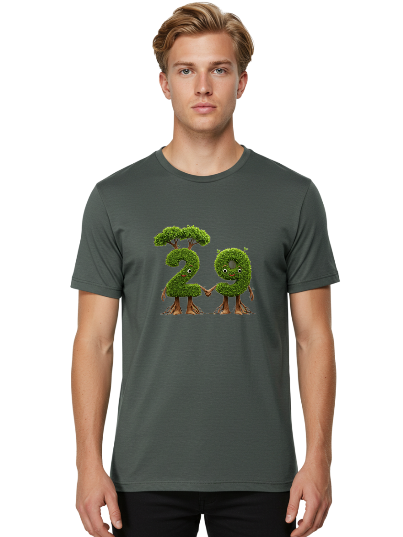 20 Men'S Graphic Tee, 100% Cotton, Comfortable Casual Summer Wear, Machine Washable, Topiary Numbers, Hand In Hand, Numbers 2 And 4, Foliage Characters, Leafy Figures, Green Numbers, Happy Faces, Whimsical Design, Nature-Inspired Art, Bab612