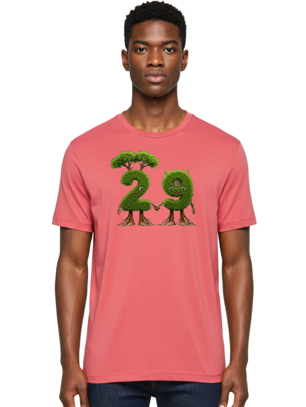 20 Men'S Graphic Tee, 100% Cotton, Comfortable Casual Summer Wear, Machine Washable, Topiary Numbers, Hand In Hand, Numbers 2 And 4, Foliage Characters, Leafy Figures, Green Numbers, Happy Faces, Whimsical Design, Nature-Inspired Art, Bab612
