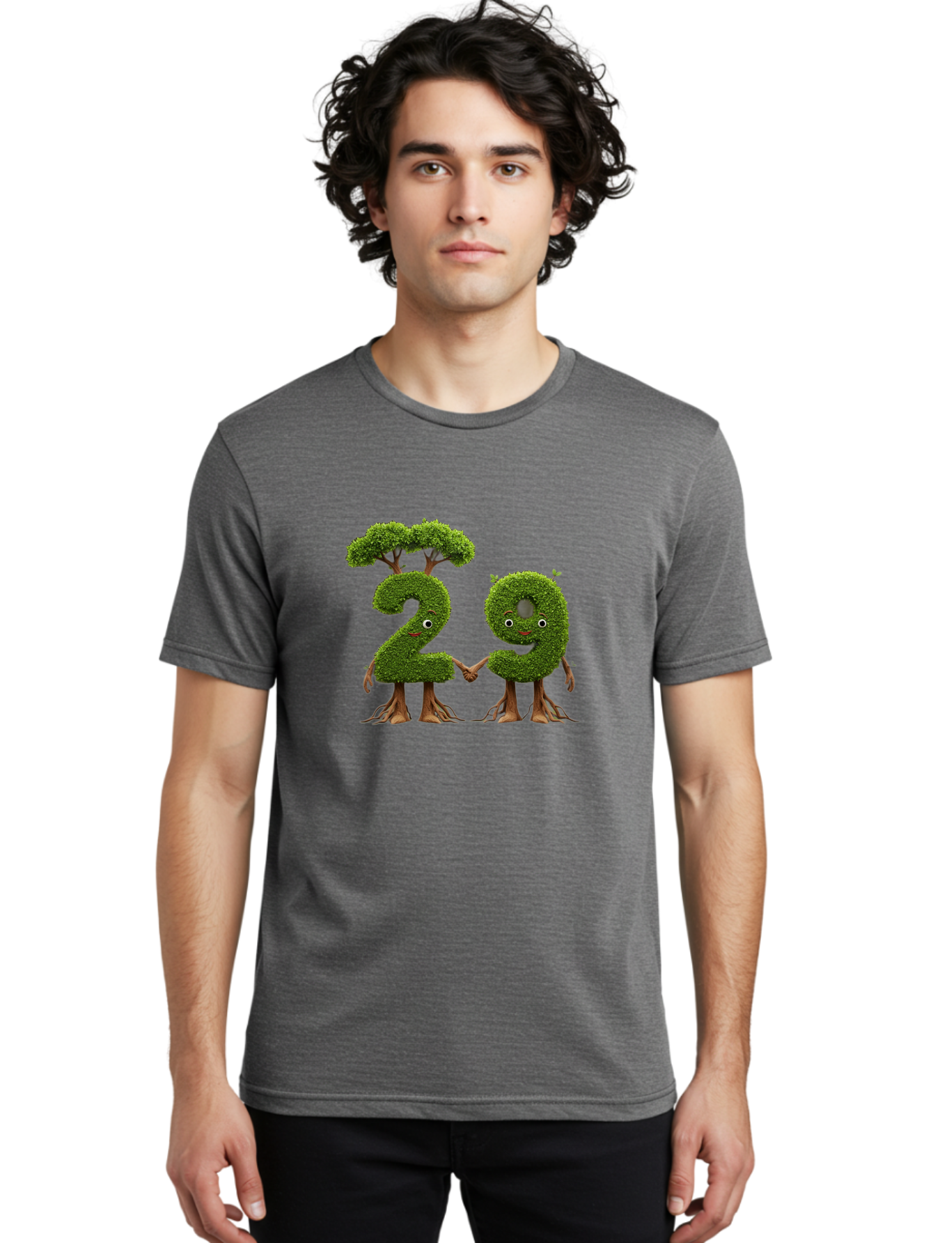 20 Men'S Graphic Tee, 100% Cotton, Comfortable Casual Summer Wear, Machine Washable, Topiary Numbers, Hand In Hand, Numbers 2 And 4, Foliage Characters, Leafy Figures, Green Numbers, Happy Faces, Whimsical Design, Nature-Inspired Art, Bab612
