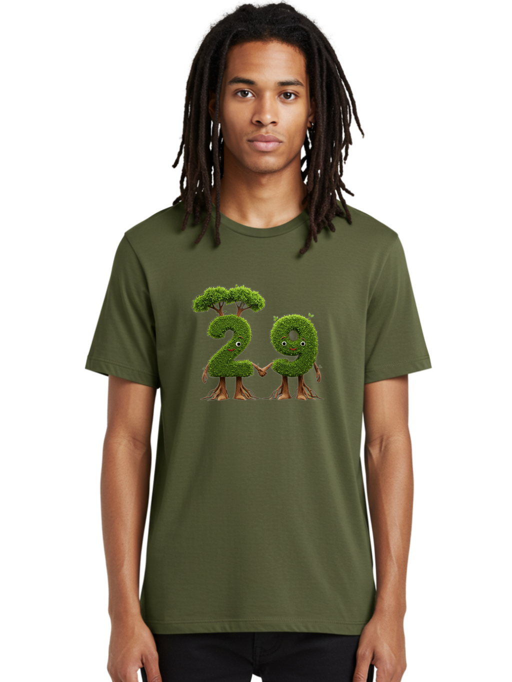 20 Men'S Graphic Tee, 100% Cotton, Comfortable Casual Summer Wear, Machine Washable, Topiary Numbers, Hand In Hand, Numbers 2 And 4, Foliage Characters, Leafy Figures, Green Numbers, Happy Faces, Whimsical Design, Nature-Inspired Art, Bab612