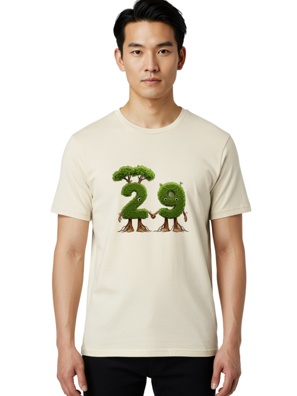 20 Men'S Graphic Tee, 100% Cotton, Comfortable Casual Summer Wear, Machine Washable, Topiary Numbers, Hand In Hand, Numbers 2 And 4, Foliage Characters, Leafy Figures, Green Numbers, Happy Faces, Whimsical Design, Nature-Inspired Art, Bab612