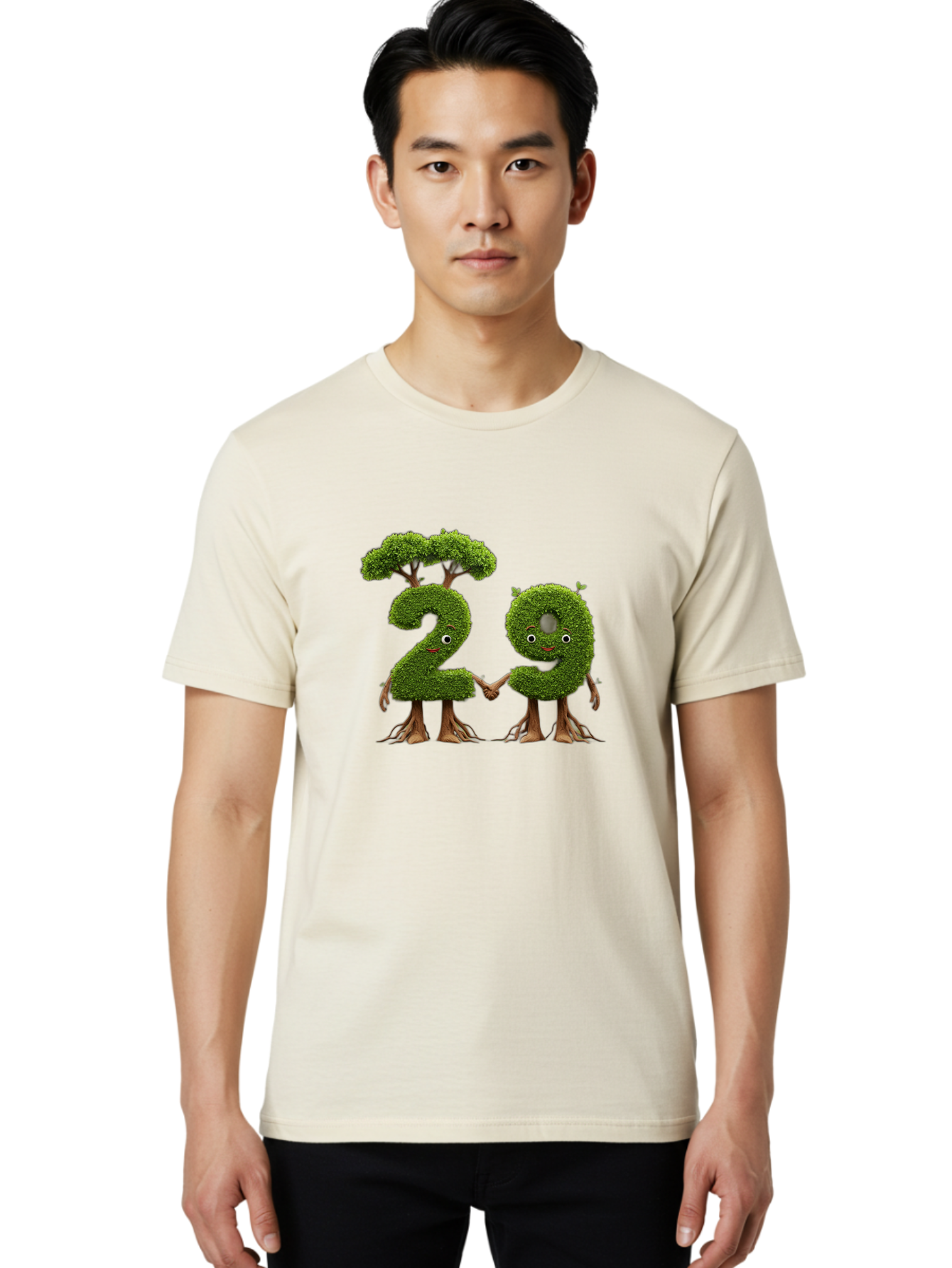 20 Men'S Graphic Tee, 100% Cotton, Comfortable Casual Summer Wear, Machine Washable, Topiary Numbers, Hand In Hand, Numbers 2 And 4, Foliage Characters, Leafy Figures, Green Numbers, Happy Faces, Whimsical Design, Nature-Inspired Art, Bab612