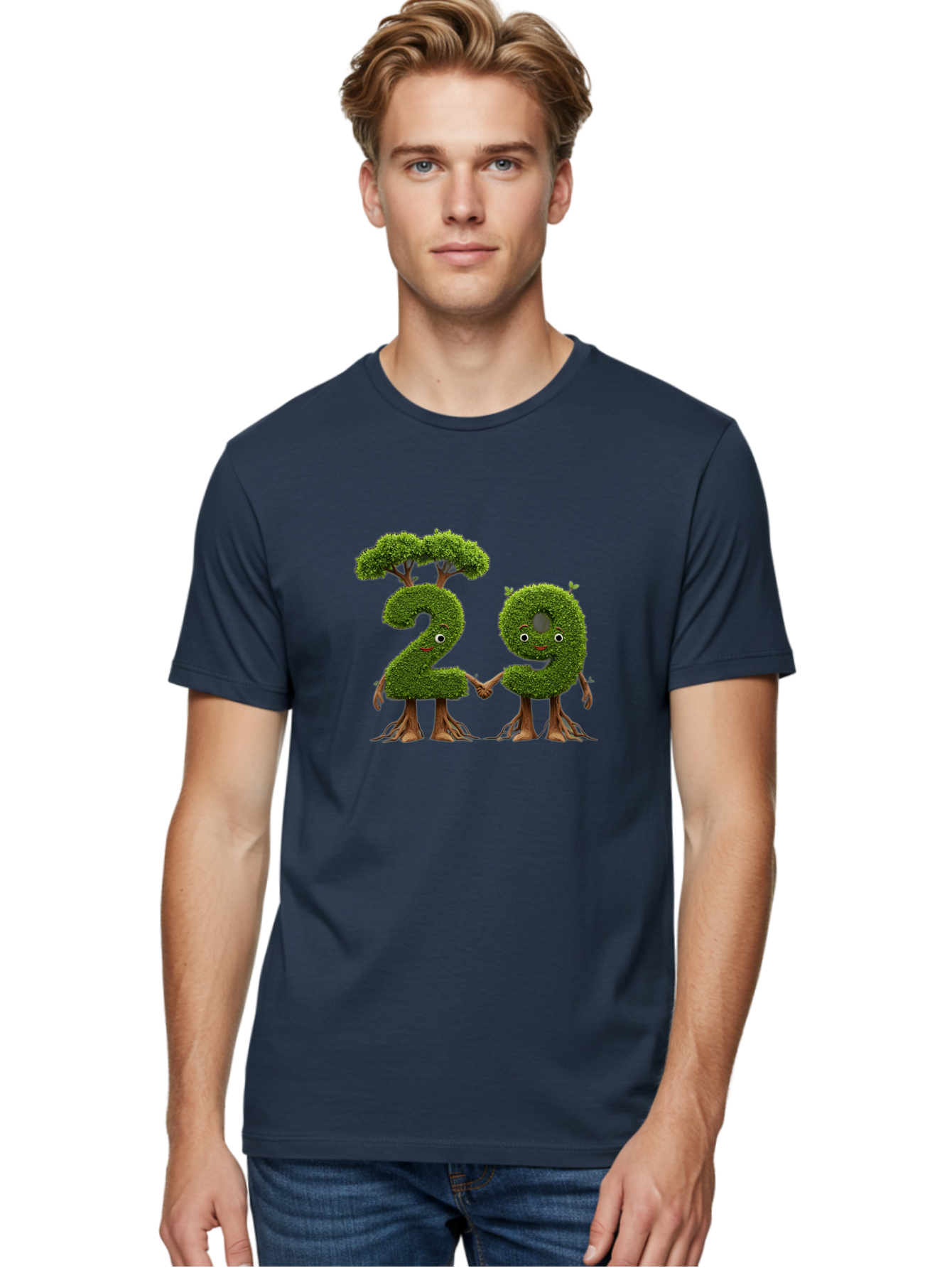 20 Men'S Graphic Tee, 100% Cotton, Comfortable Casual Summer Wear, Machine Washable, Topiary Numbers, Hand In Hand, Numbers 2 And 4, Foliage Characters, Leafy Figures, Green Numbers, Happy Faces, Whimsical Design, Nature-Inspired Art, Bab612