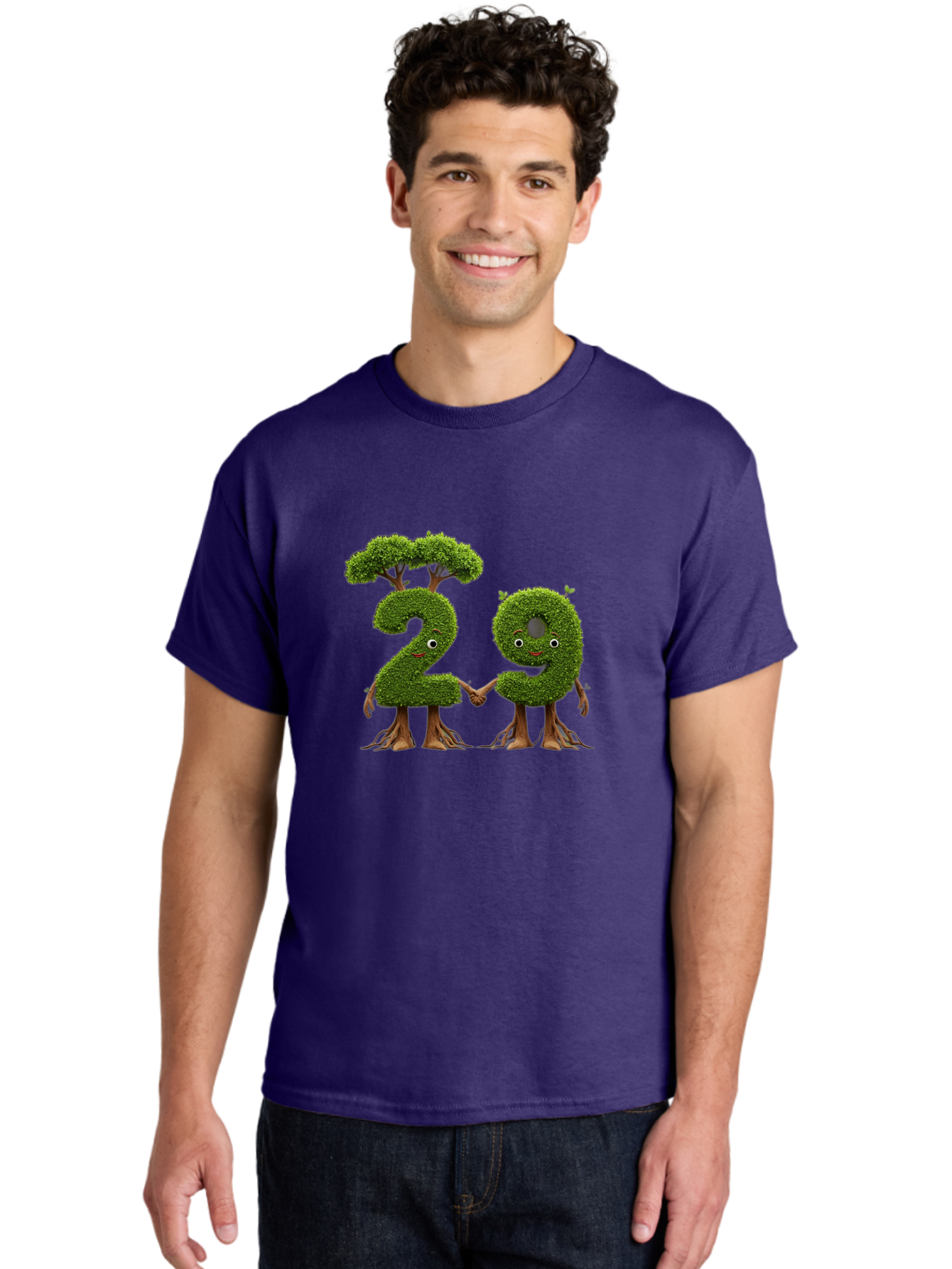 20 Men'S Graphic Tee, 100% Cotton, Comfortable Casual Summer Wear, Machine Washable, Topiary Numbers, Hand In Hand, Numbers 2 And 4, Foliage Characters, Leafy Figures, Green Numbers, Happy Faces, Whimsical Design, Nature-Inspired Art, Bab612