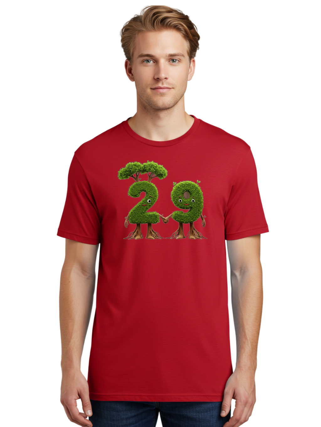 20 Men'S Graphic Tee, 100% Cotton, Comfortable Casual Summer Wear, Machine Washable, Topiary Numbers, Hand In Hand, Numbers 2 And 4, Foliage Characters, Leafy Figures, Green Numbers, Happy Faces, Whimsical Design, Nature-Inspired Art, Bab612