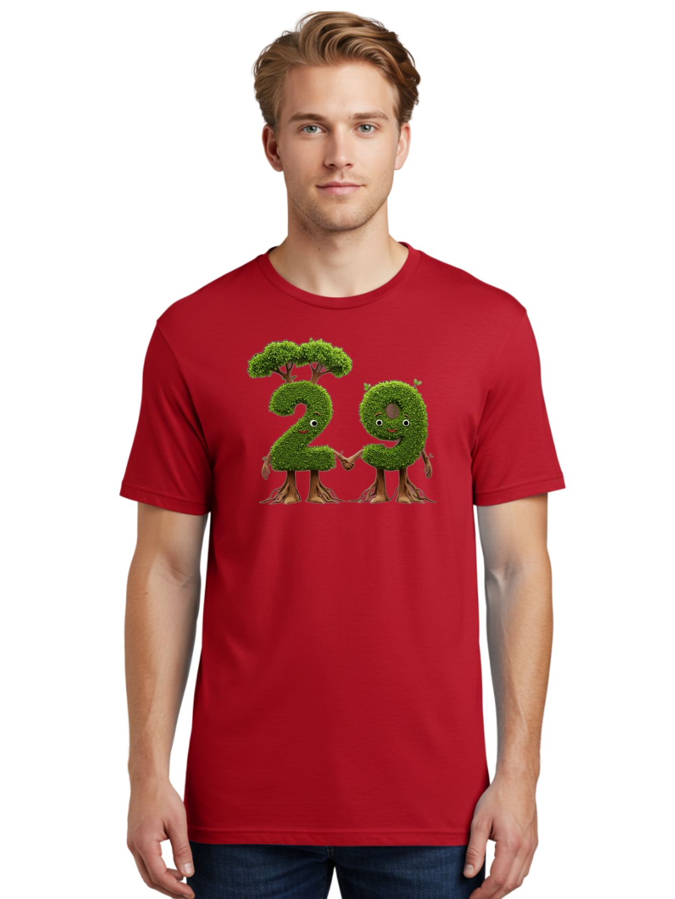20 Men'S Graphic Tee, 100% Cotton, Comfortable Casual Summer Wear, Machine Washable, Topiary Numbers, Hand In Hand, Numbers 2 And 4, Foliage Characters, Leafy Figures, Green Numbers, Happy Faces, Whimsical Design, Nature-Inspired Art, Bab612